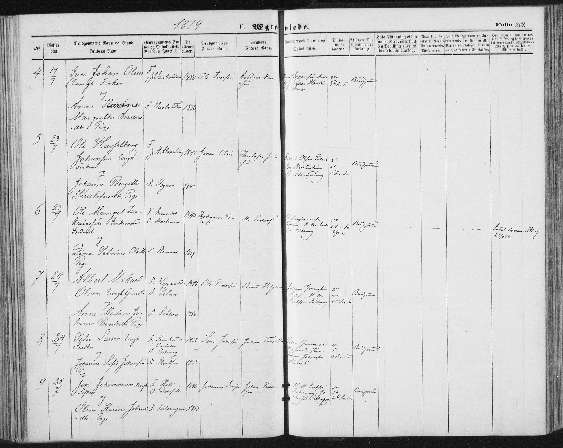 Ministerialprotokoller, klokkerbøker og fødselsregistre - Nordland, AV/SAT-A-1459/847/L0668: Parish register (official) no. 847A08, 1872-1886, p. 201