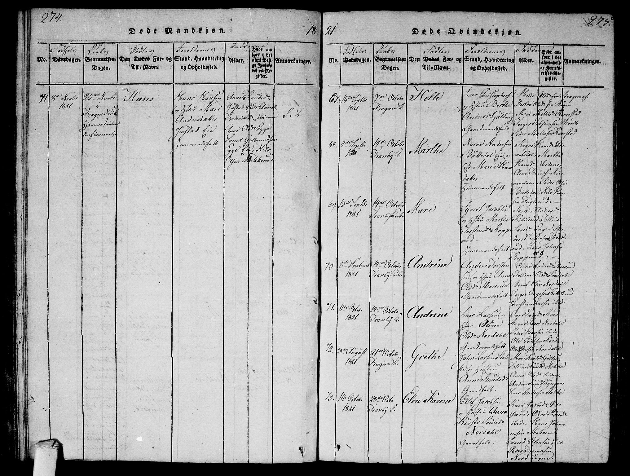 Lier kirkebøker, AV/SAKO-A-230/G/Ga/L0001: Parish register (copy) no. I 1, 1813-1824, p. 274-275