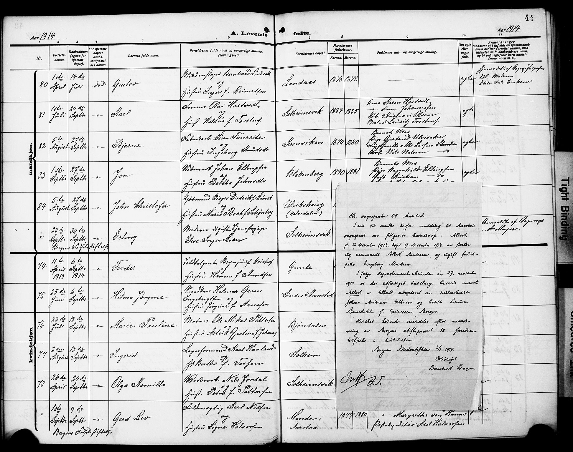 Årstad Sokneprestembete, AV/SAB-A-79301/H/Hab/L0003: Parish register (copy) no. A 3, 1912-1921, p. 44