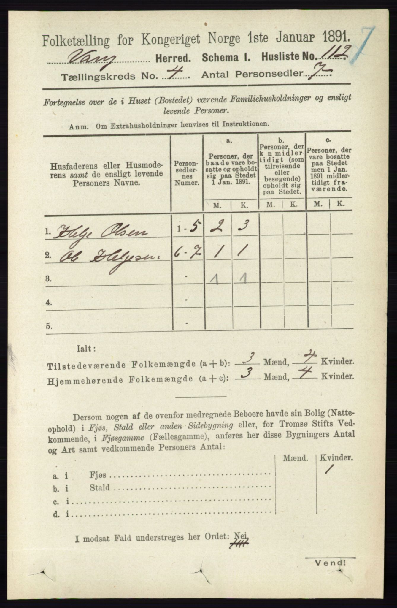 RA, 1891 census for 0414 Vang, 1891, p. 2741