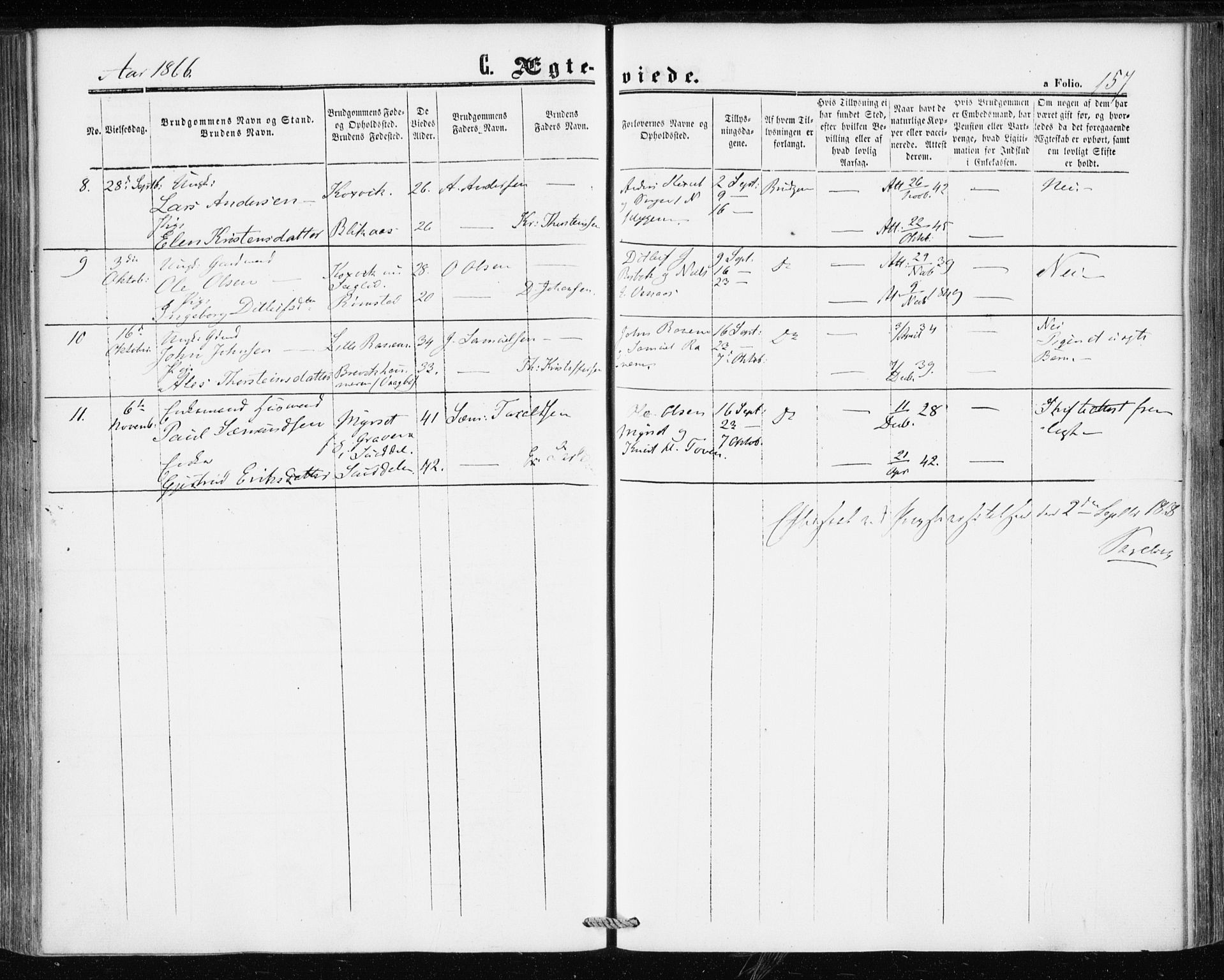 Ministerialprotokoller, klokkerbøker og fødselsregistre - Møre og Romsdal, AV/SAT-A-1454/586/L0985: Parish register (official) no. 586A11, 1857-1866, p. 157