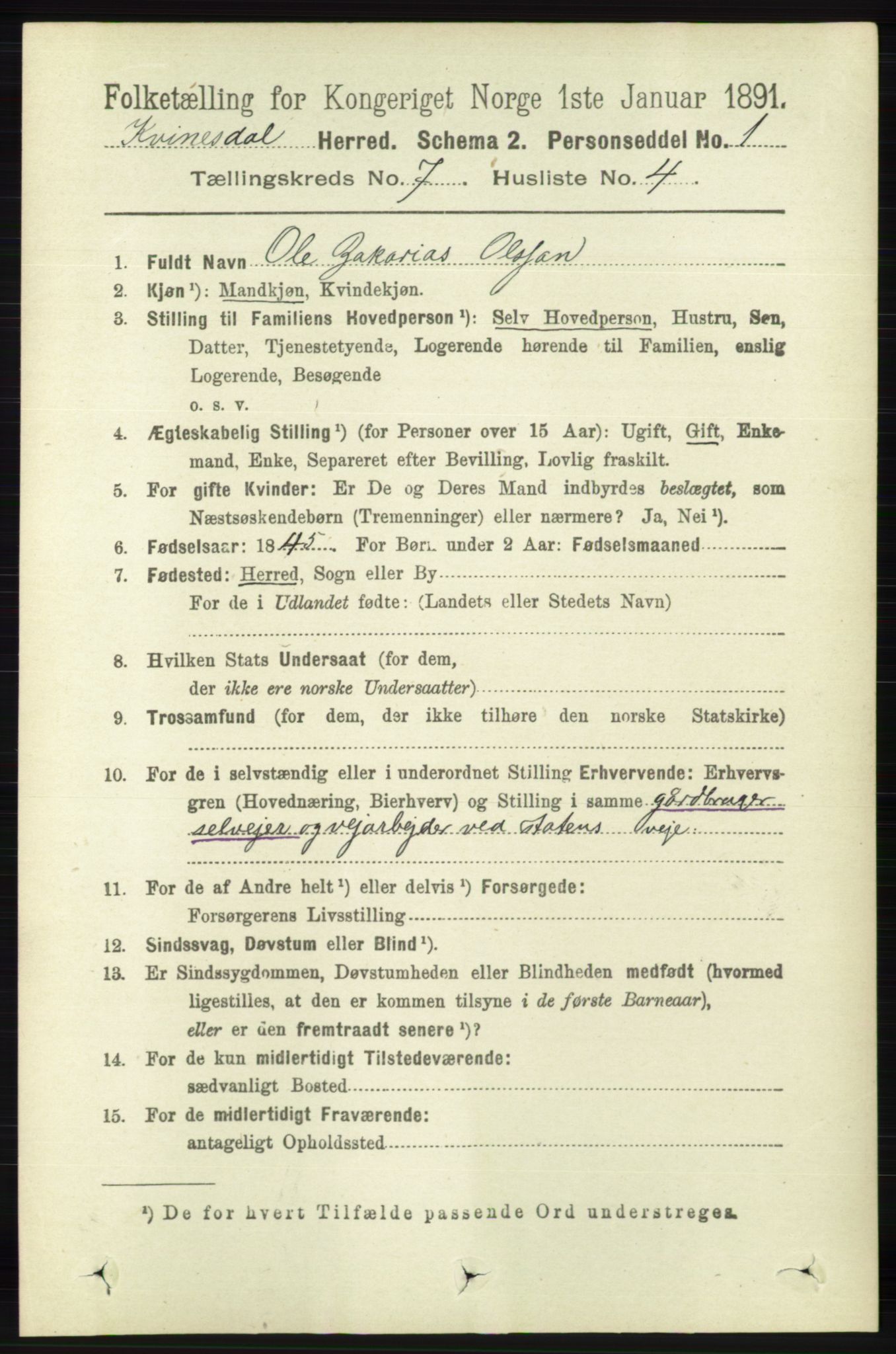 RA, 1891 census for 1037 Kvinesdal, 1891, p. 2439