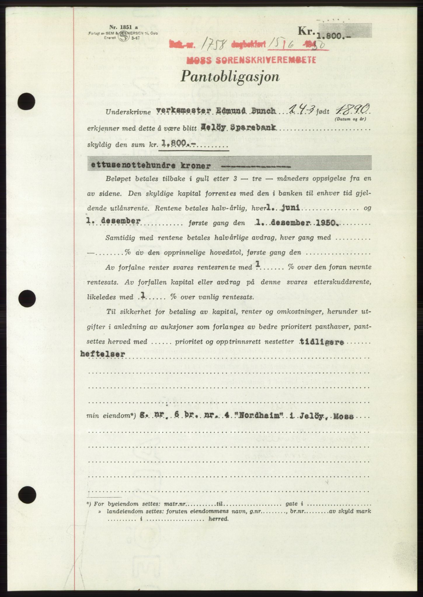 Moss sorenskriveri, AV/SAO-A-10168: Mortgage book no. B24, 1950-1950, Diary no: : 1758/1950