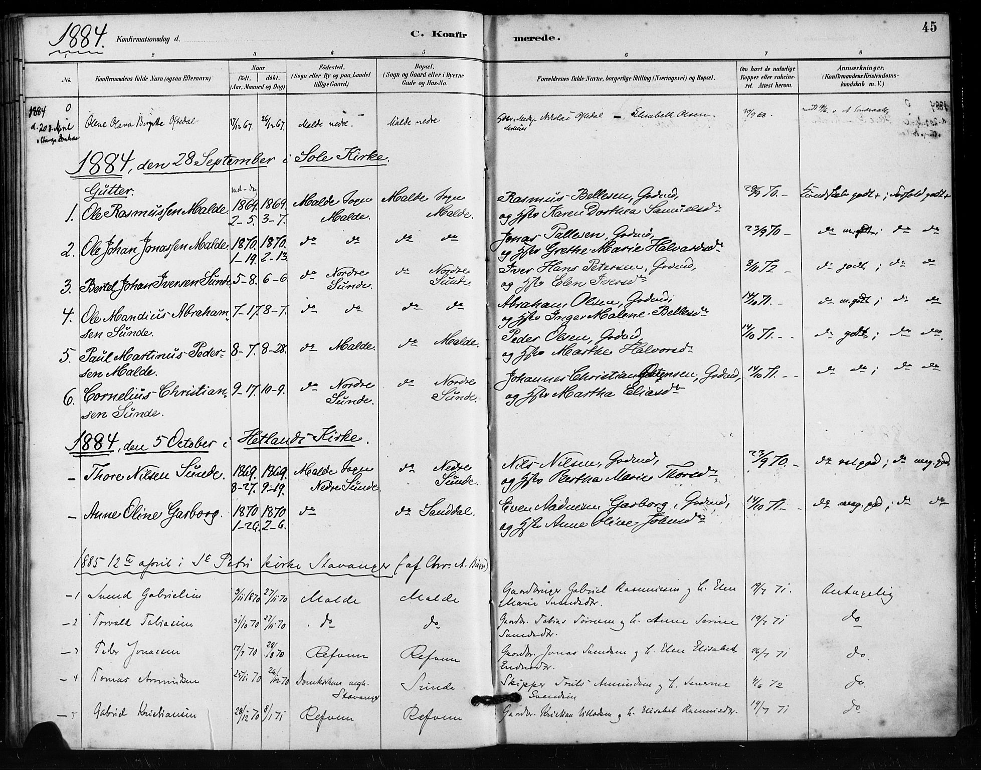 Håland sokneprestkontor, SAST/A-101802/001/30BA/L0011: Parish register (official) no. A 10, 1883-1900, p. 45