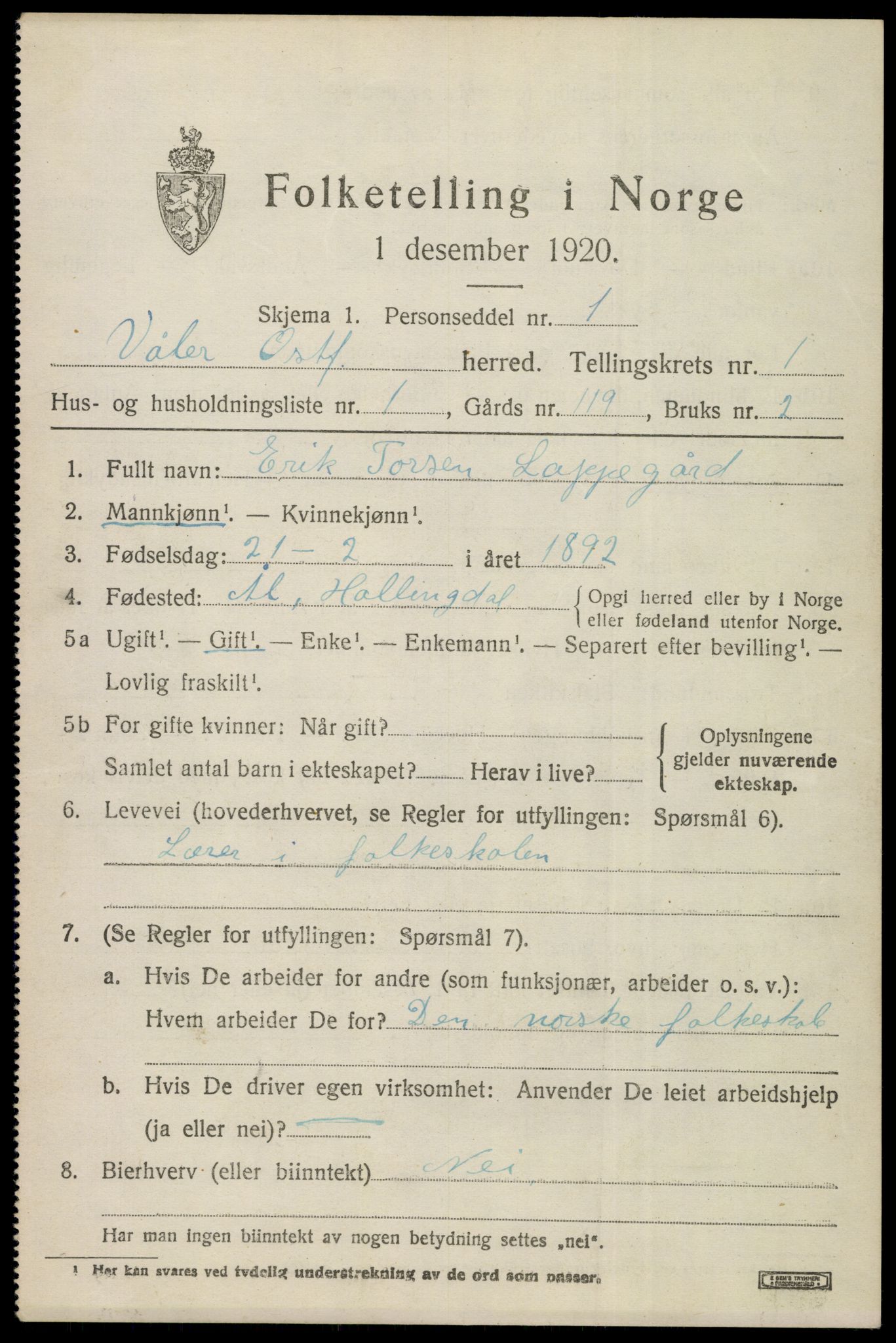 SAO, 1920 census for Våler, 1920, p. 912