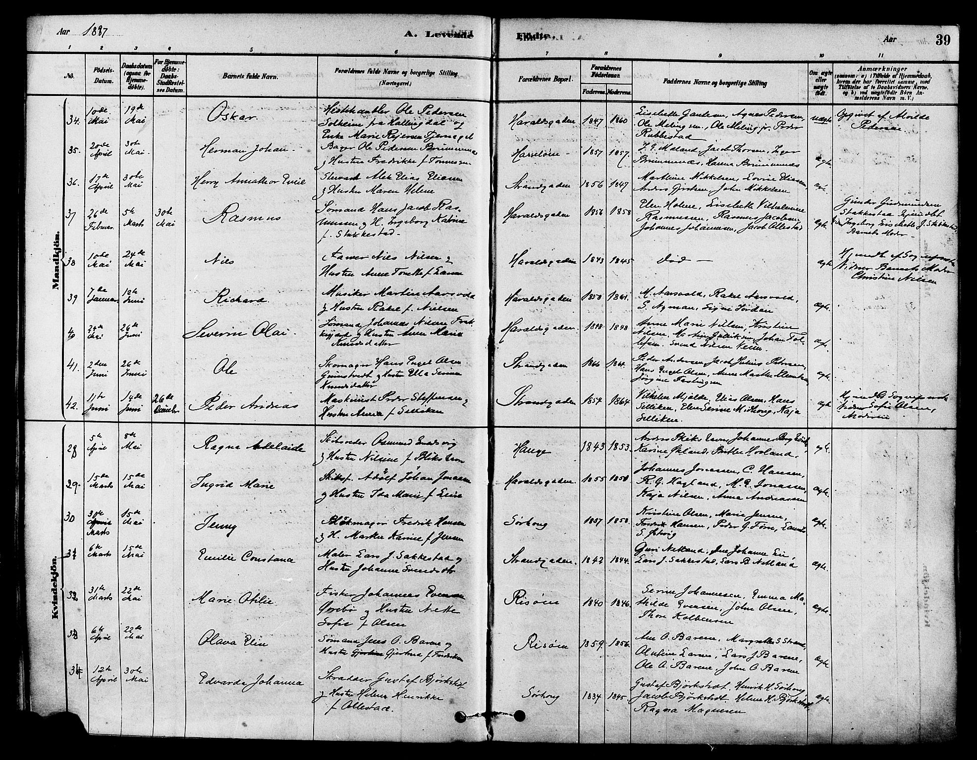 Haugesund sokneprestkontor, SAST/A -101863/H/Ha/Haa/L0003: Parish register (official) no. A 3, 1885-1890, p. 39