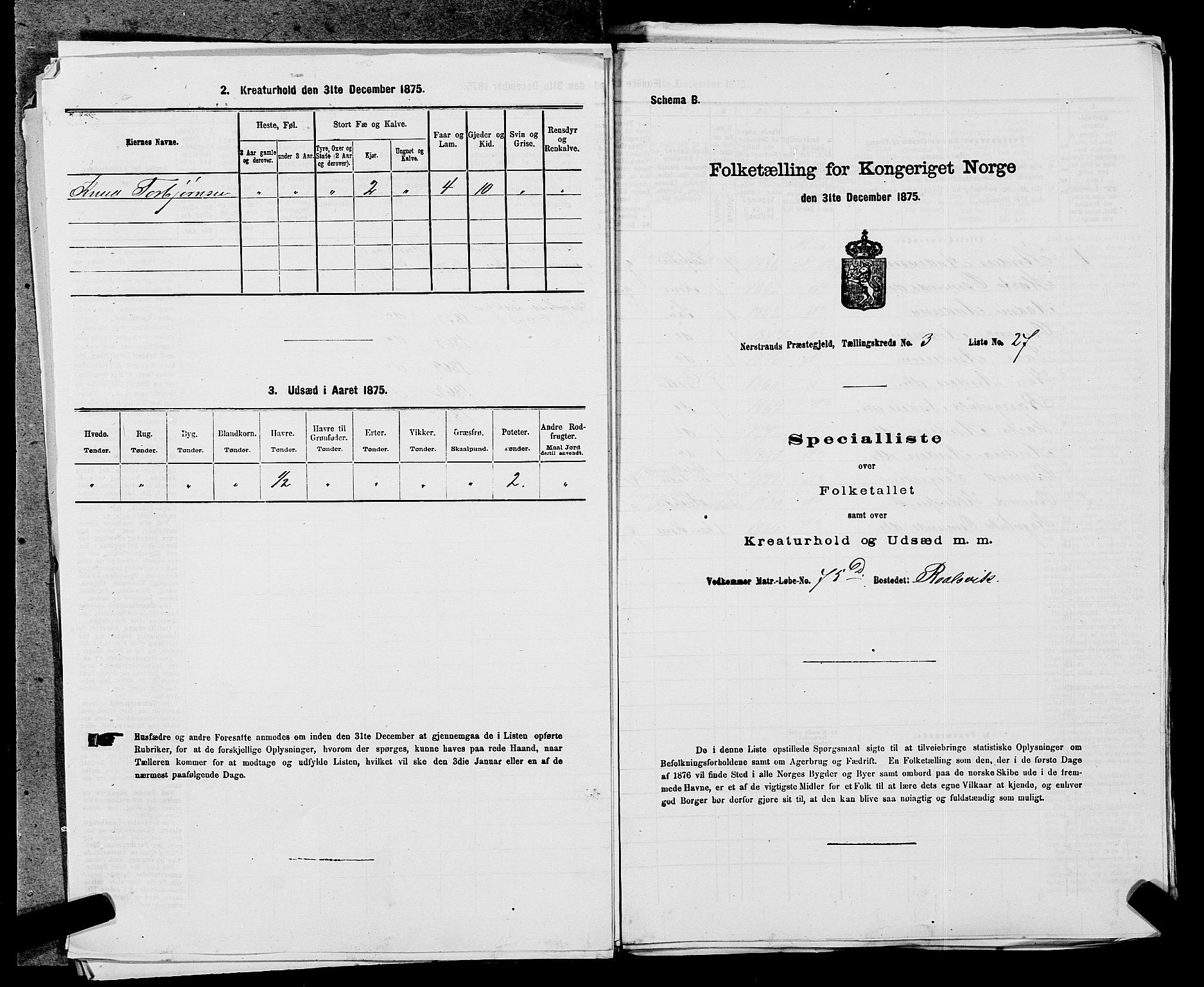 SAST, 1875 census for 1139P Nedstrand, 1875, p. 497