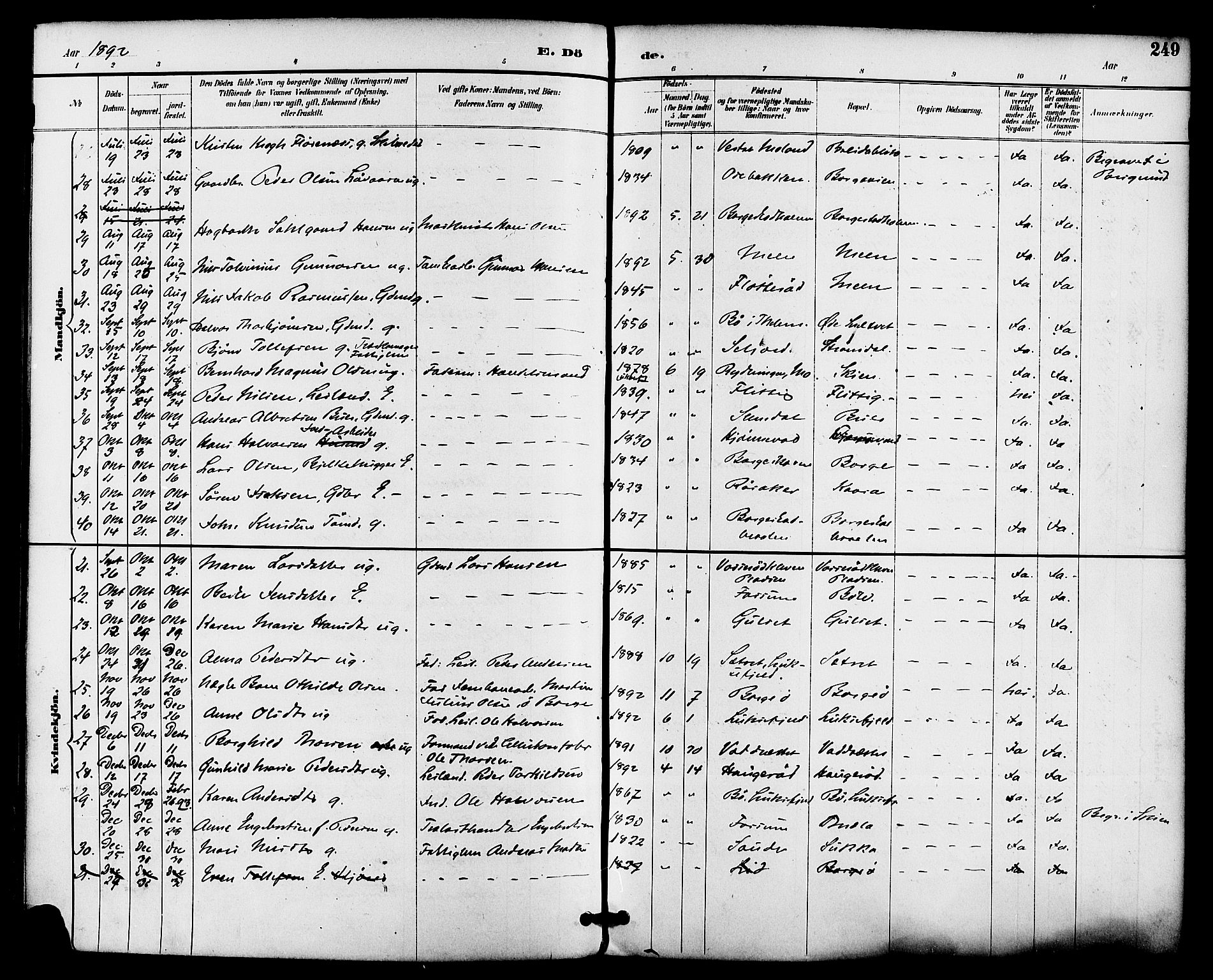 Gjerpen kirkebøker, AV/SAKO-A-265/F/Fa/L0010: Parish register (official) no. I 10, 1886-1895, p. 249