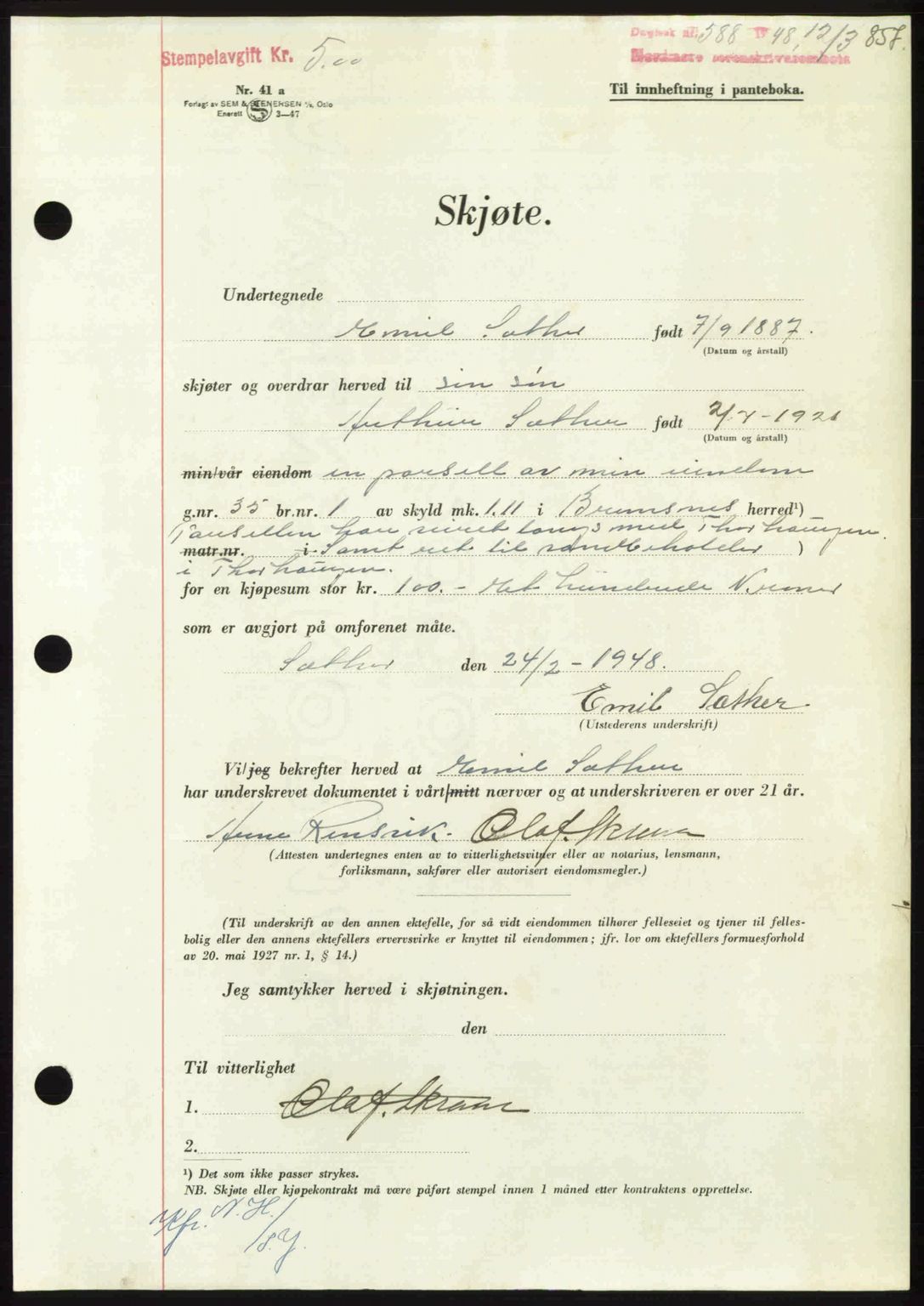 Nordmøre sorenskriveri, AV/SAT-A-4132/1/2/2Ca: Mortgage book no. A107, 1947-1948, Diary no: : 588/1948