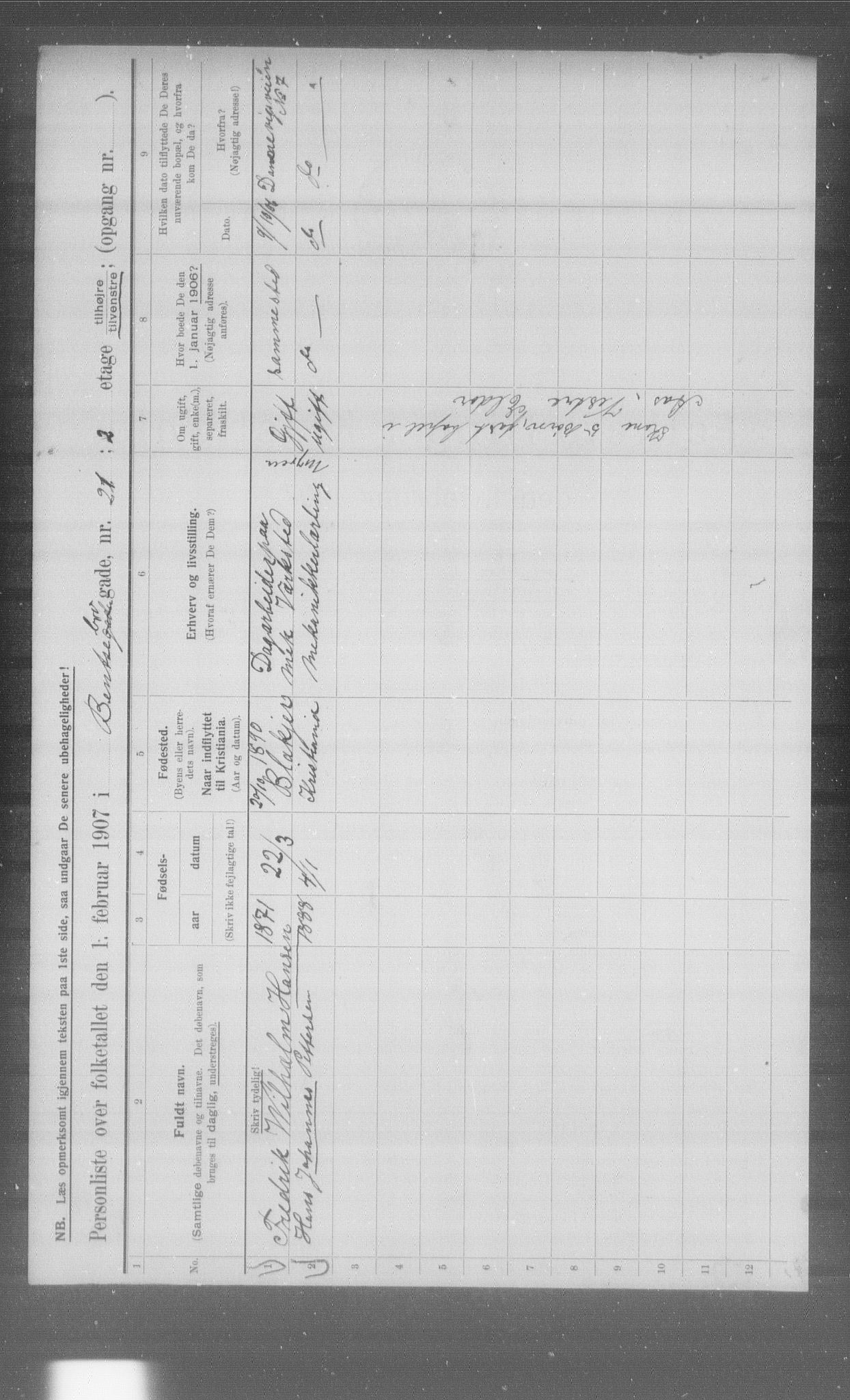 OBA, Municipal Census 1907 for Kristiania, 1907, p. 1917