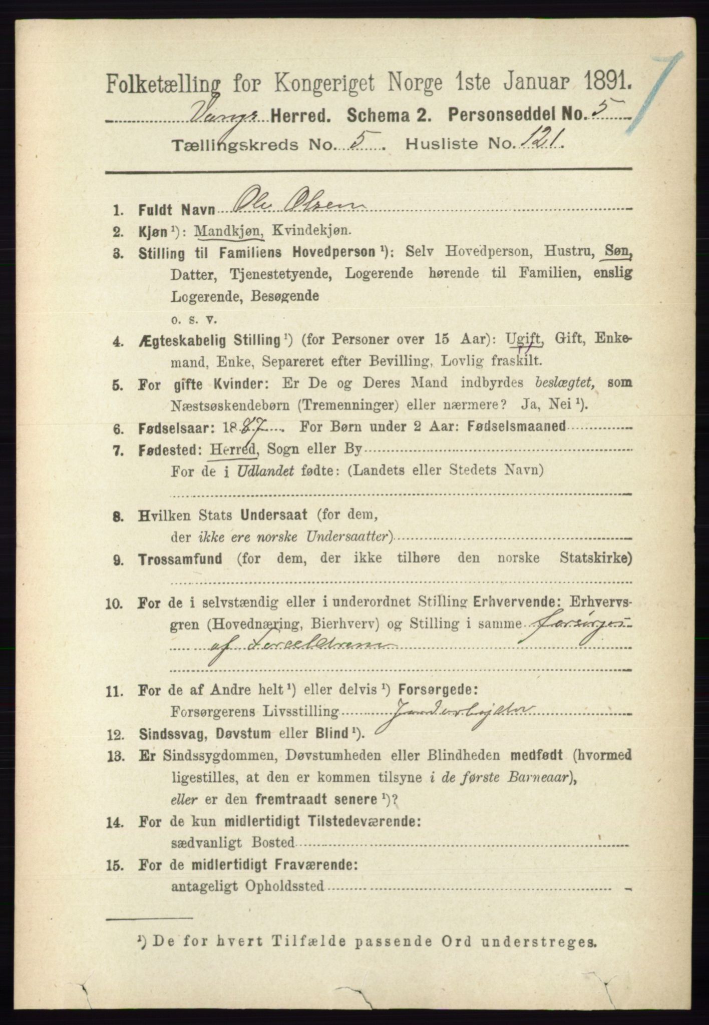 RA, 1891 census for 0414 Vang, 1891, p. 4160