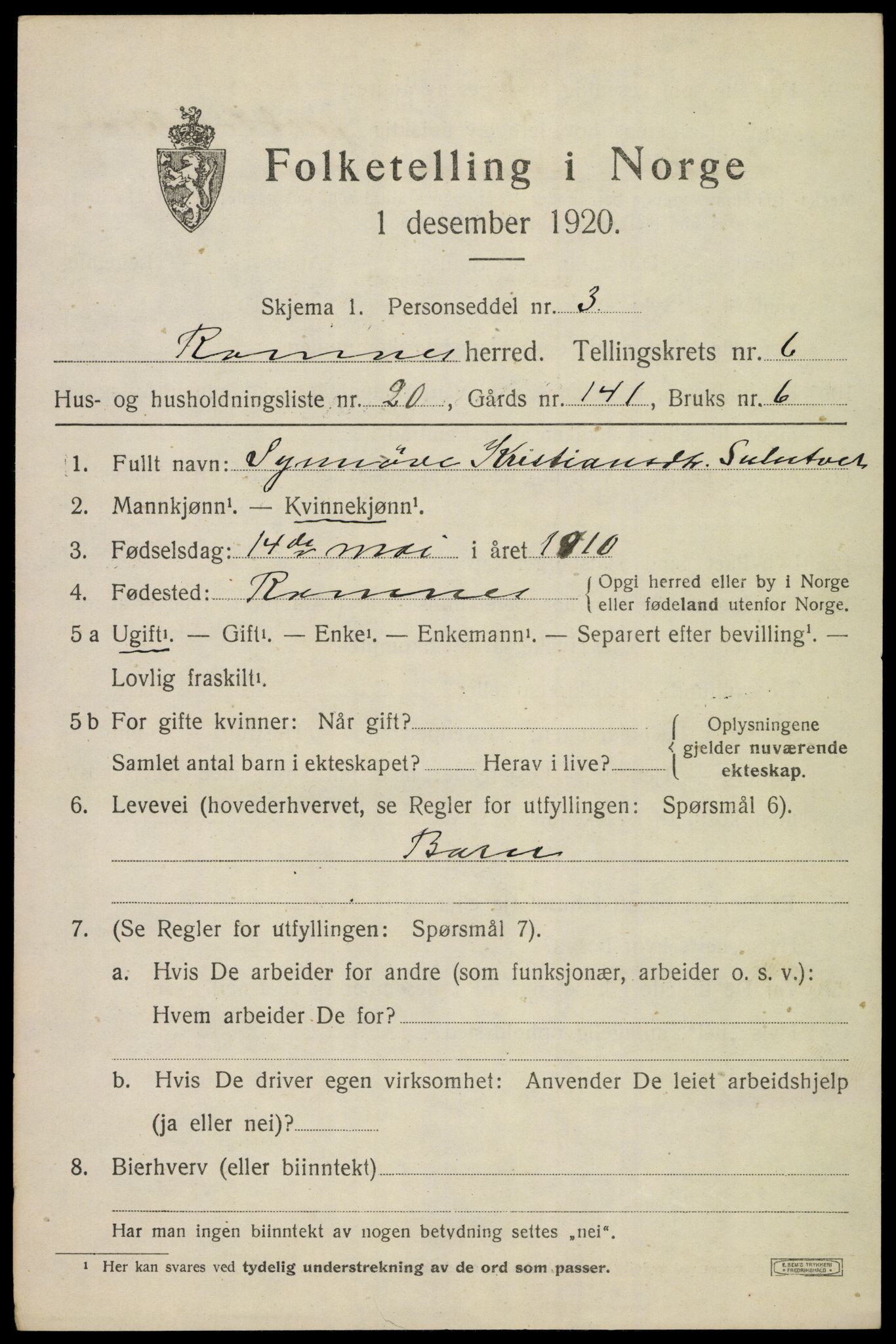 SAKO, 1920 census for Ramnes, 1920, p. 6390