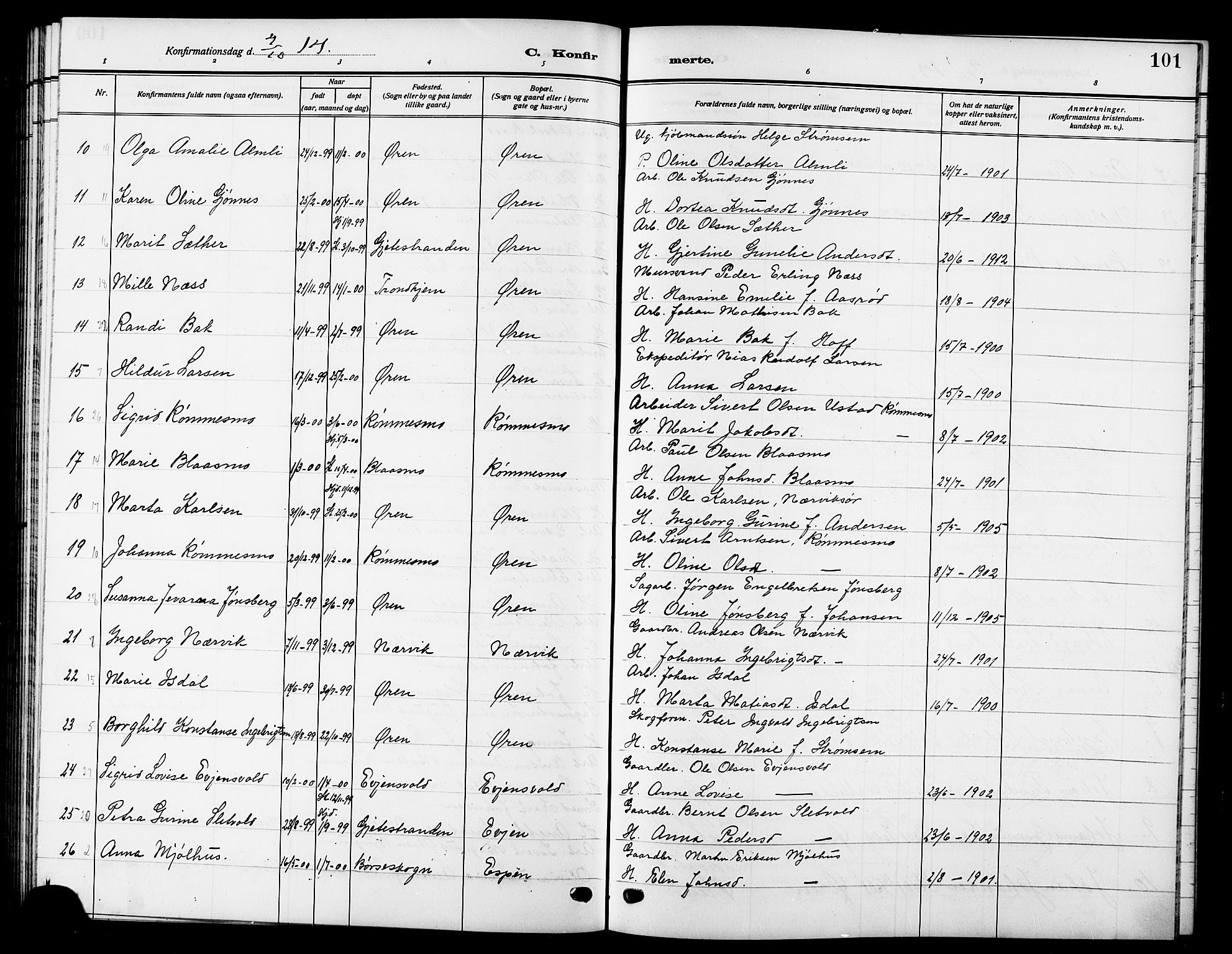 Ministerialprotokoller, klokkerbøker og fødselsregistre - Sør-Trøndelag, AV/SAT-A-1456/669/L0831: Parish register (copy) no. 669C01, 1909-1924, p. 101