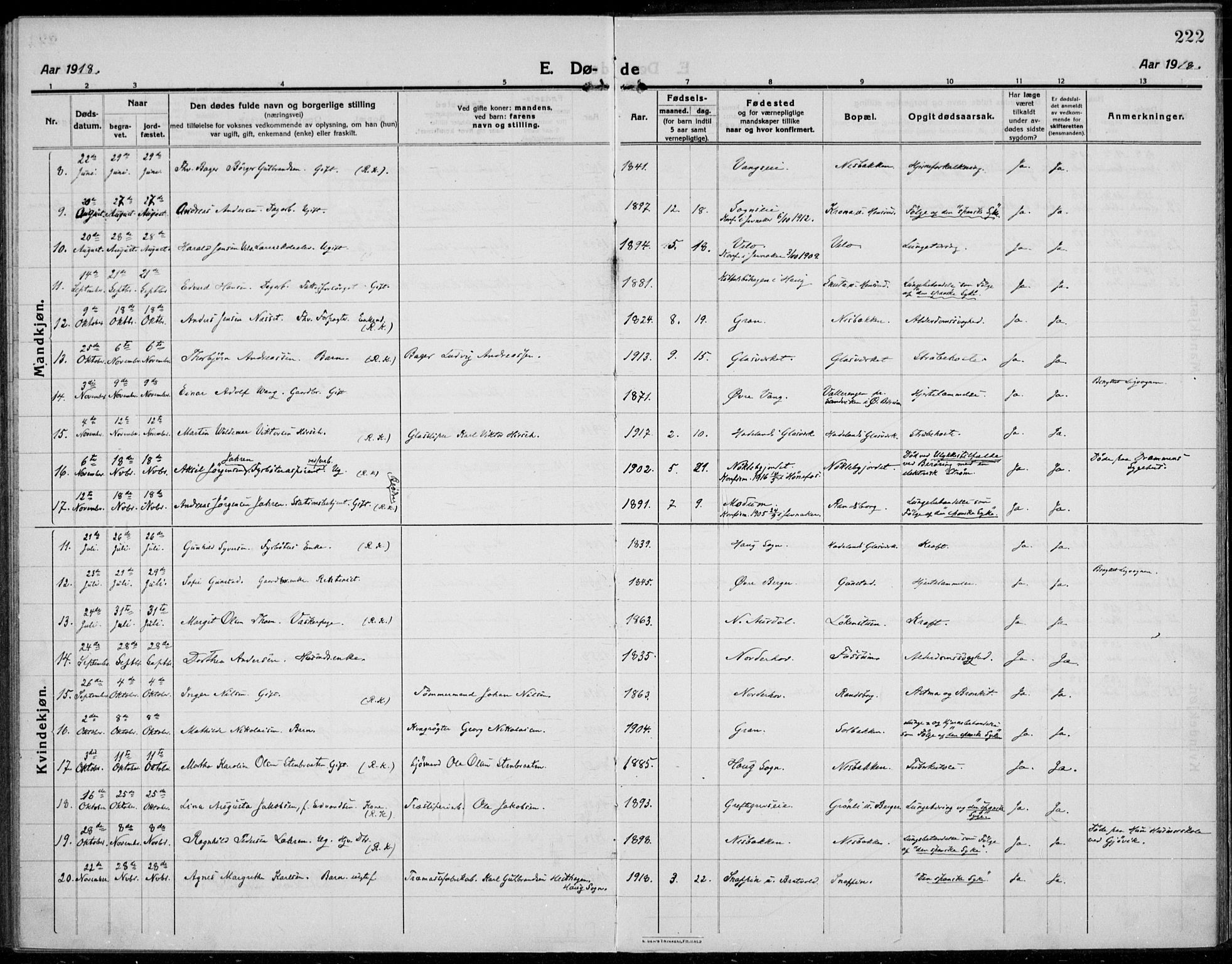 Jevnaker prestekontor, AV/SAH-PREST-116/H/Ha/Haa/L0012: Parish register (official) no. 12, 1914-1924, p. 222