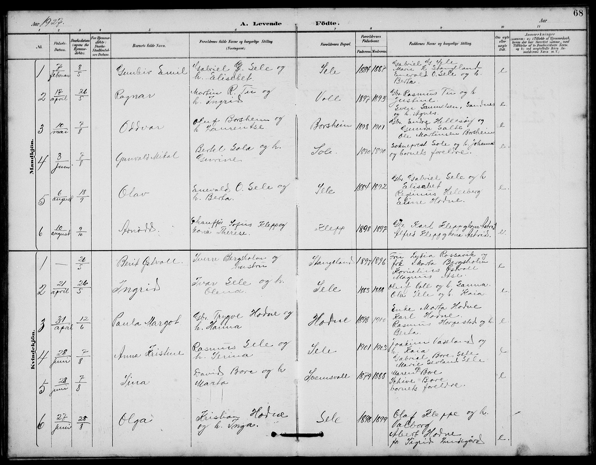 Klepp sokneprestkontor, AV/SAST-A-101803/001/3/30BB/L0006: Parish register (copy) no. B 6, 1889-1936, p. 68