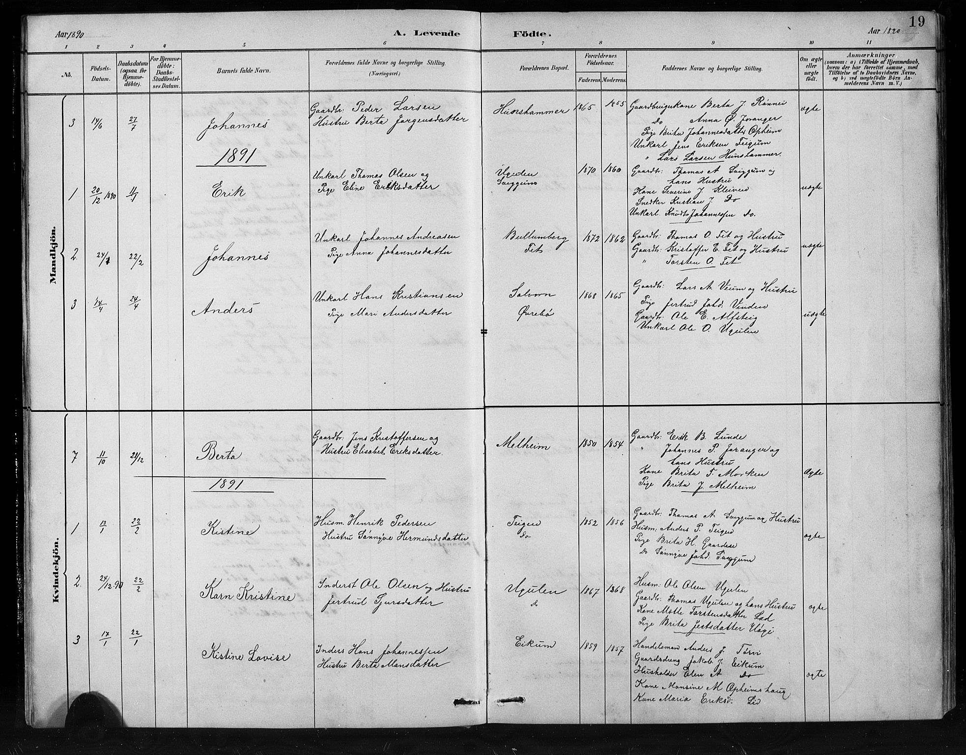 Jostedal sokneprestembete, SAB/A-80601/H/Hab/Habb/L0001: Parish register (copy) no. B 1, 1882-1921, p. 19