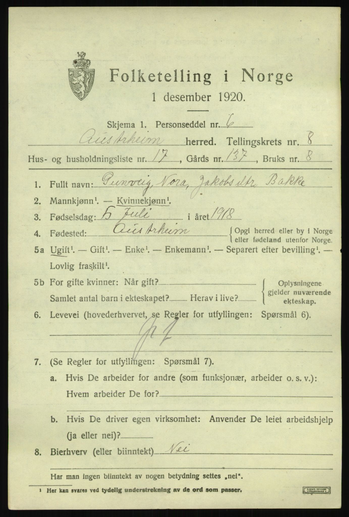 SAB, 1920 census for Austrheim, 1920, p. 3180