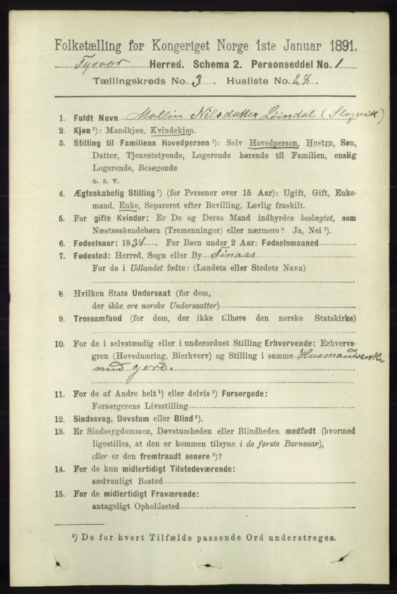 RA, 1891 census for 1146 Tysvær, 1891, p. 1366