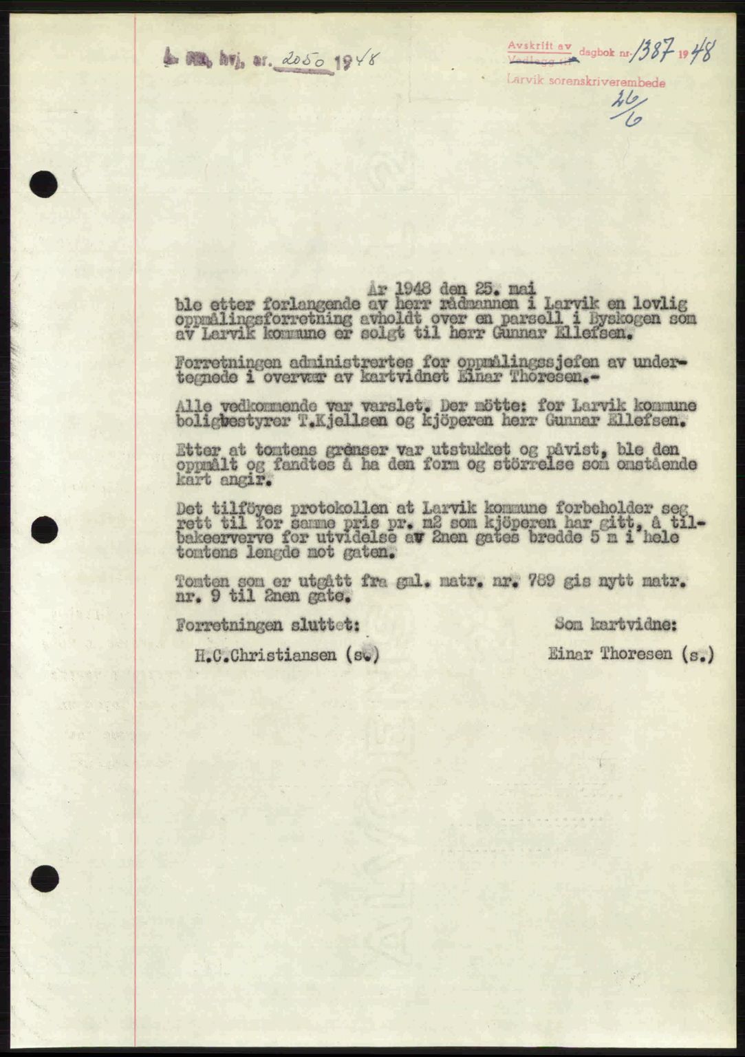 Larvik sorenskriveri, AV/SAKO-A-83/G/Ga/Gab/L0086: Mortgage book no. A-20, 1948-1948, Diary no: : 1387/1948