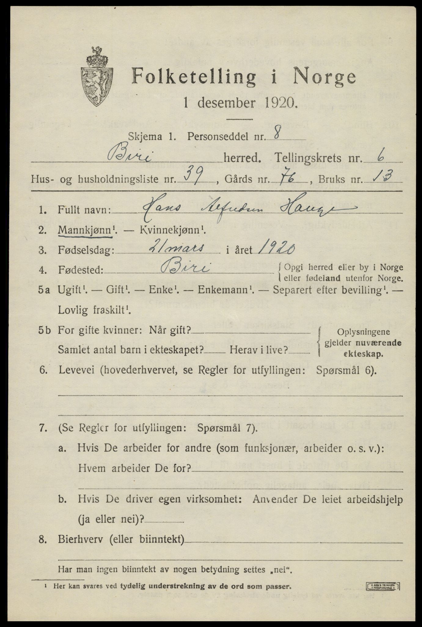 SAH, 1920 census for Biri, 1920, p. 5881