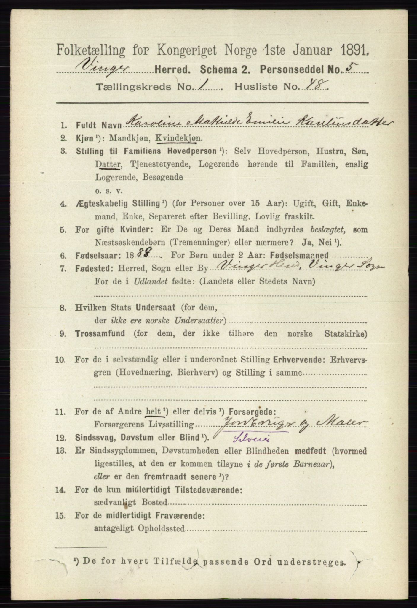 RA, 1891 census for 0421 Vinger, 1891, p. 385