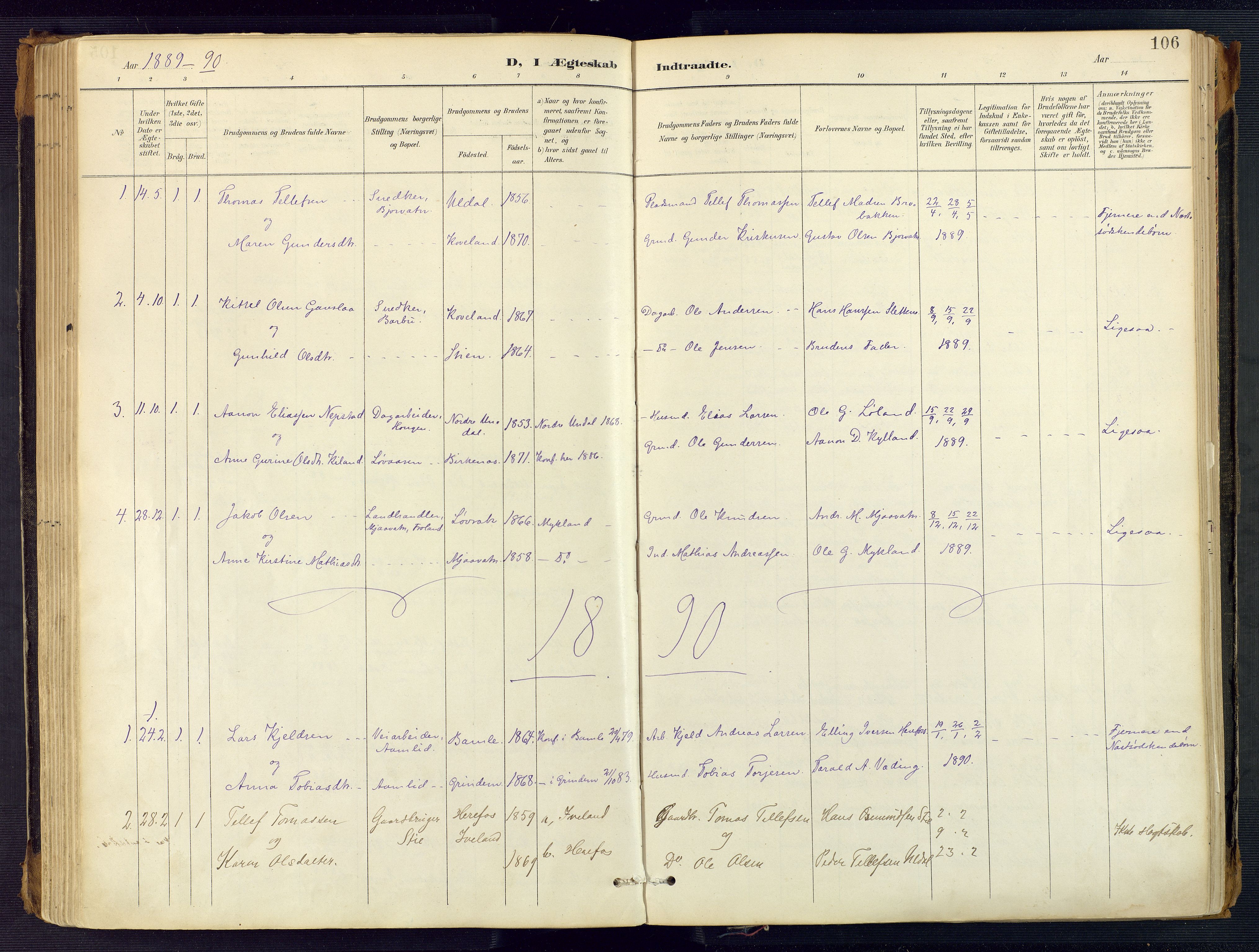 Herefoss sokneprestkontor, AV/SAK-1111-0019/F/Fa/Faa/L0003: Parish register (official) no. A 3, 1887-1930, p. 106