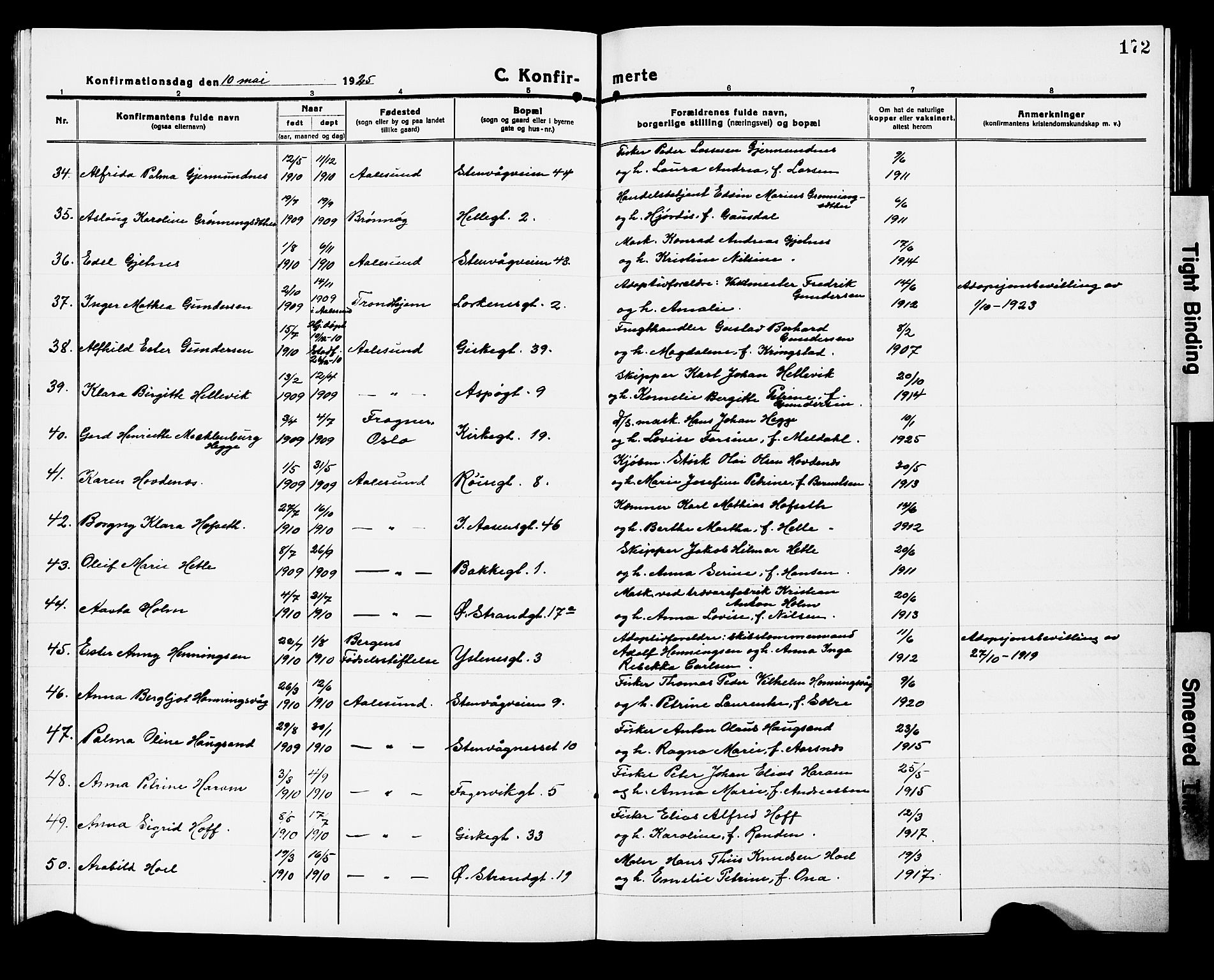 Ministerialprotokoller, klokkerbøker og fødselsregistre - Møre og Romsdal, AV/SAT-A-1454/529/L0472: Parish register (copy) no. 529C09, 1917-1929, p. 172