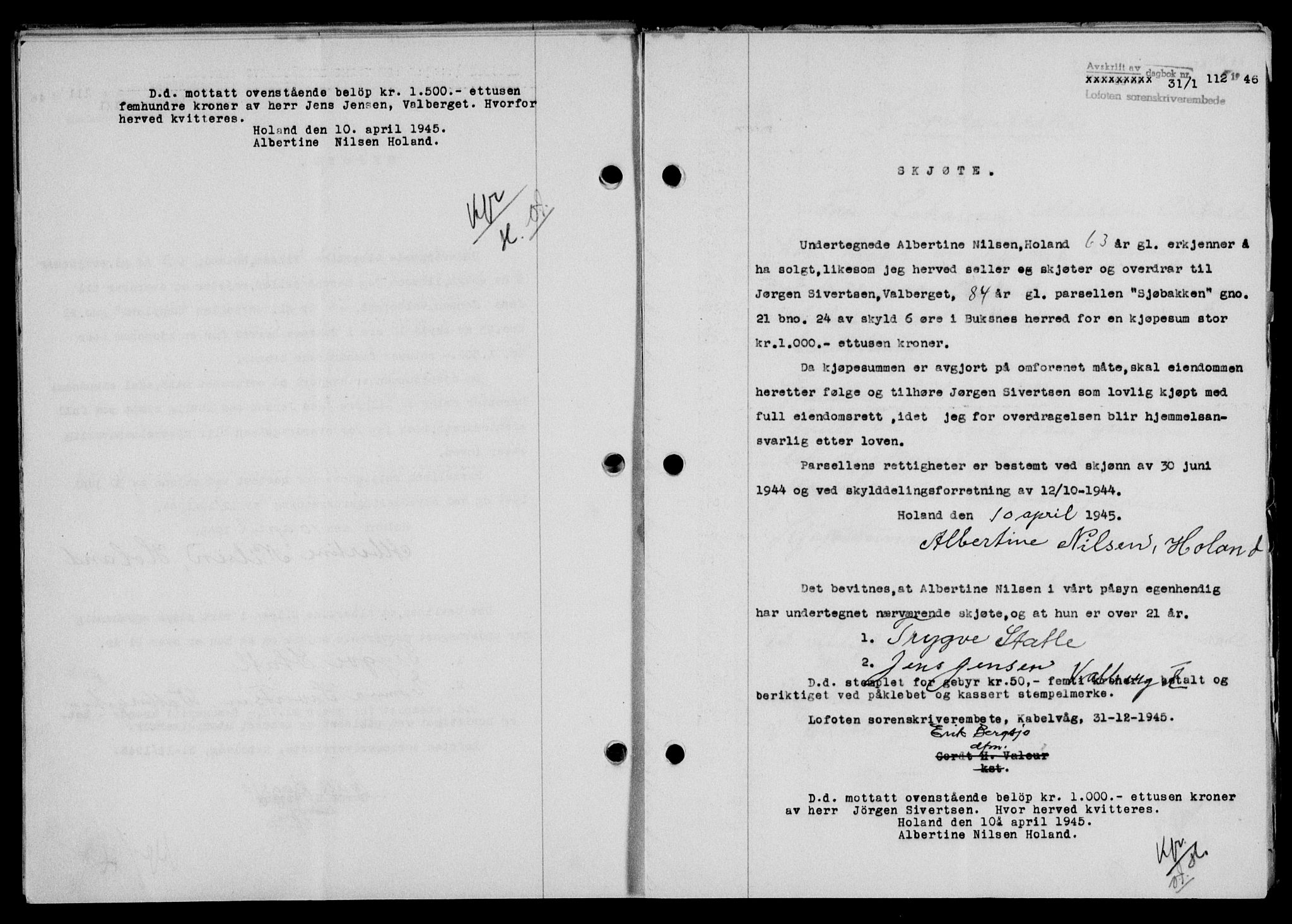 Lofoten sorenskriveri, SAT/A-0017/1/2/2C/L0013a: Mortgage book no. 13a, 1944-1946, Diary no: : 112/1946