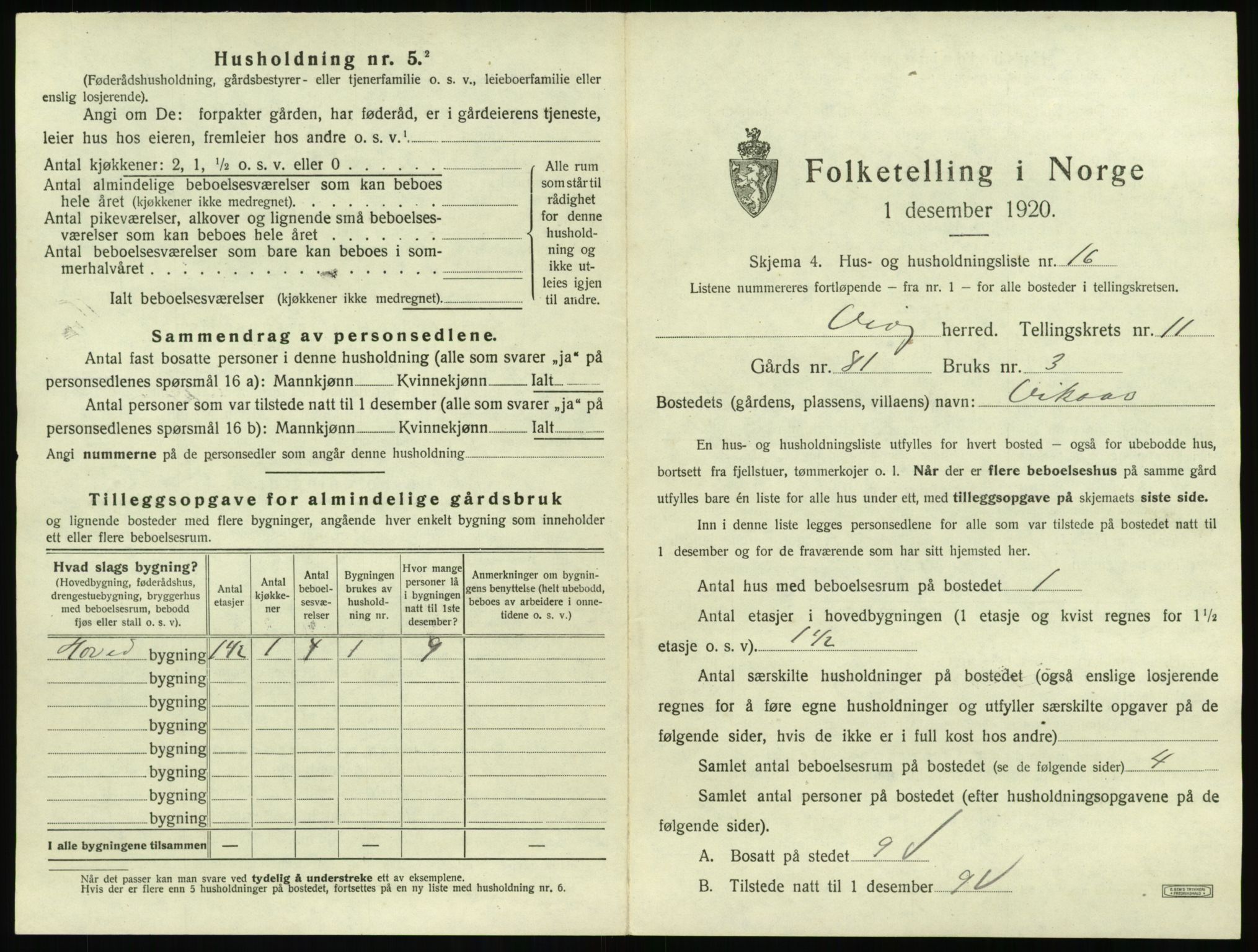 SAT, 1920 census for Veøy, 1920, p. 909