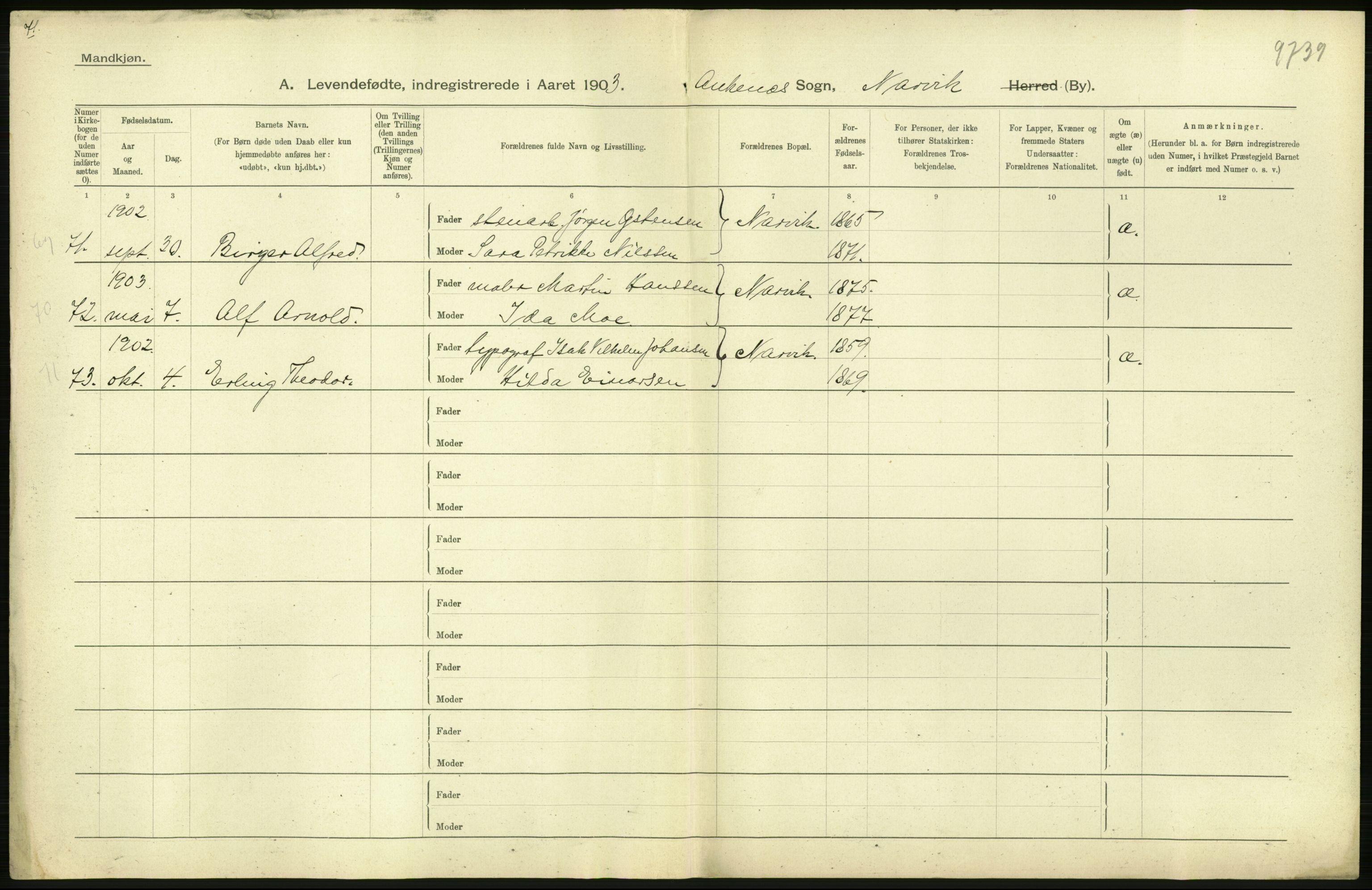 Statistisk sentralbyrå, Sosiodemografiske emner, Befolkning, AV/RA-S-2228/D/Df/Dfa/Dfaa/L0019: Nordlands amt: Fødte, gifte, døde., 1903, p. 42