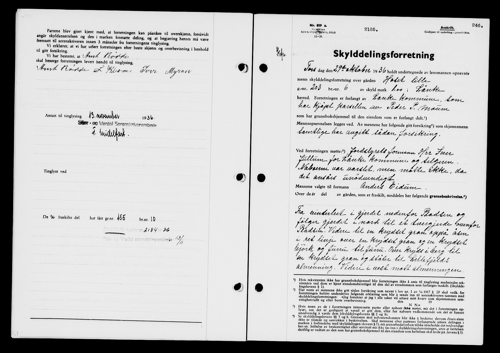 Stjør- og Verdal sorenskriveri, SAT/A-4167/1/2/2C/L0078: Mortgage book no. 46, 1936-1937, Diary no: : 2185/1936