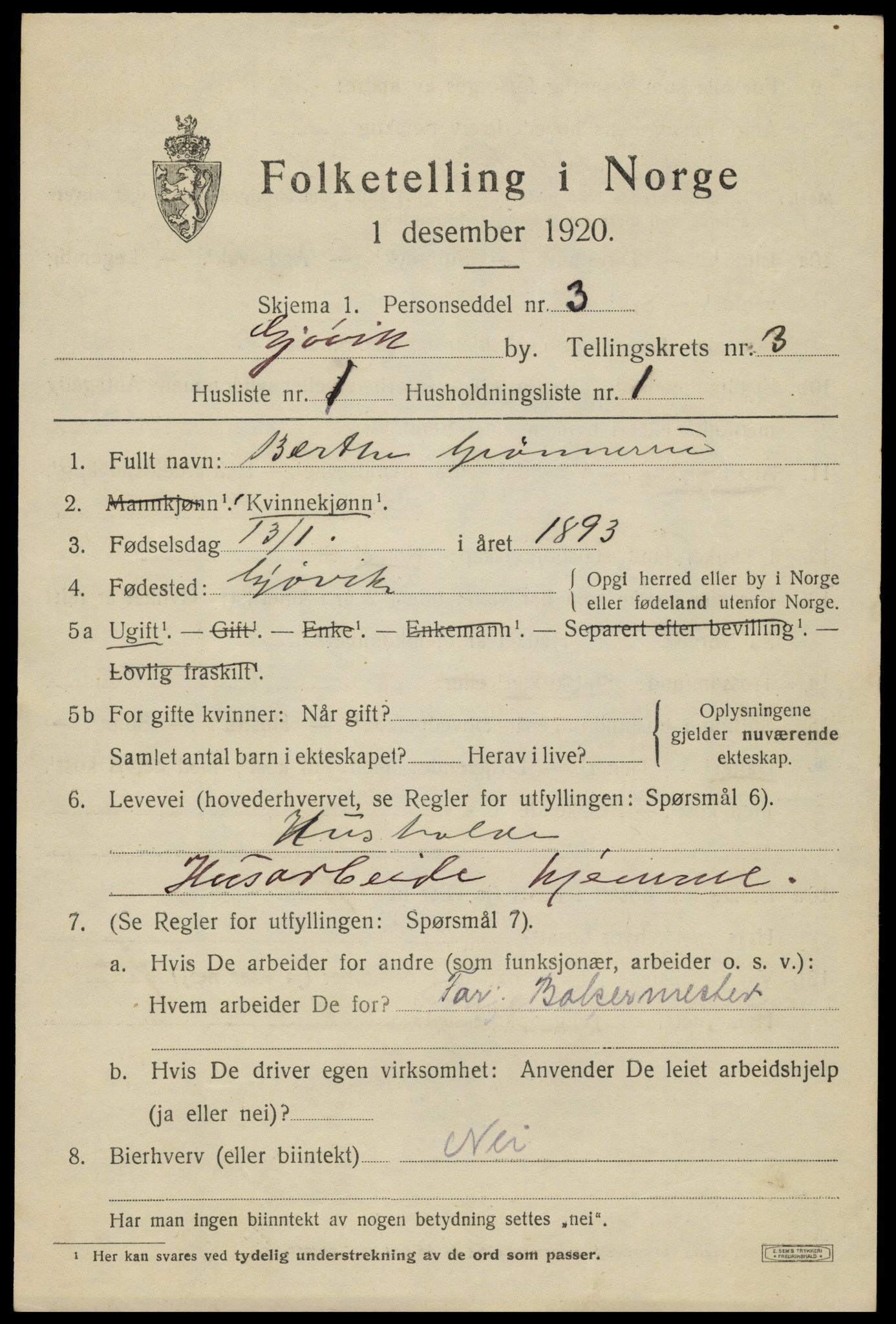 SAH, 1920 census for Gjøvik, 1920, p. 5950