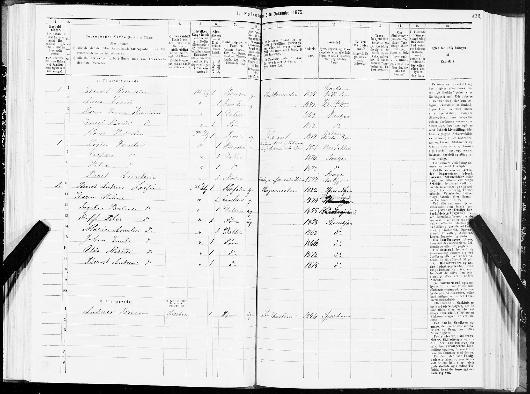 SAT, 1875 census for 1702B Steinkjer/Steinkjer, 1875, p. 138