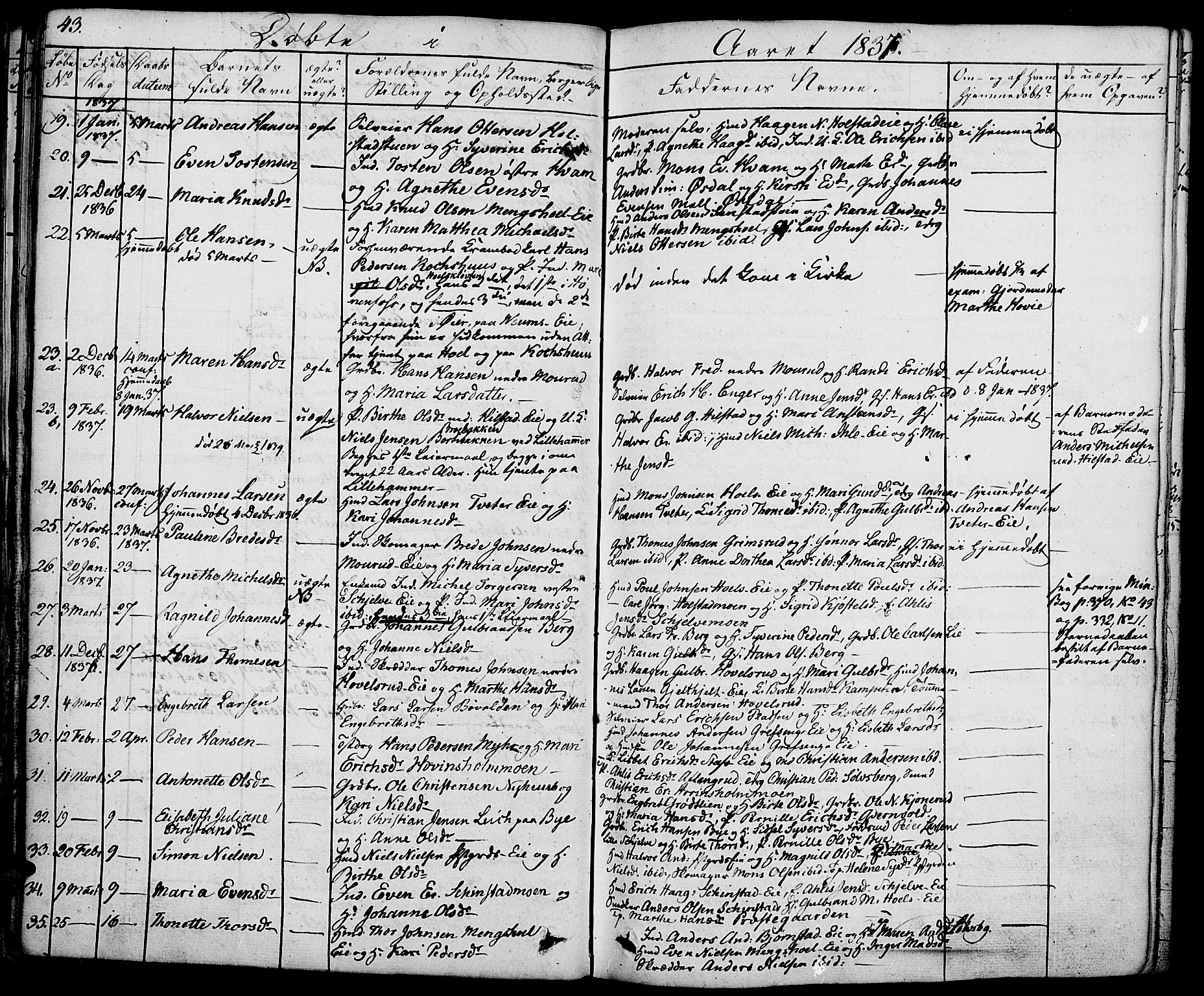 Nes prestekontor, Hedmark, AV/SAH-PREST-020/K/Ka/L0003: Parish register (official) no. 3, 1827-1851, p. 43