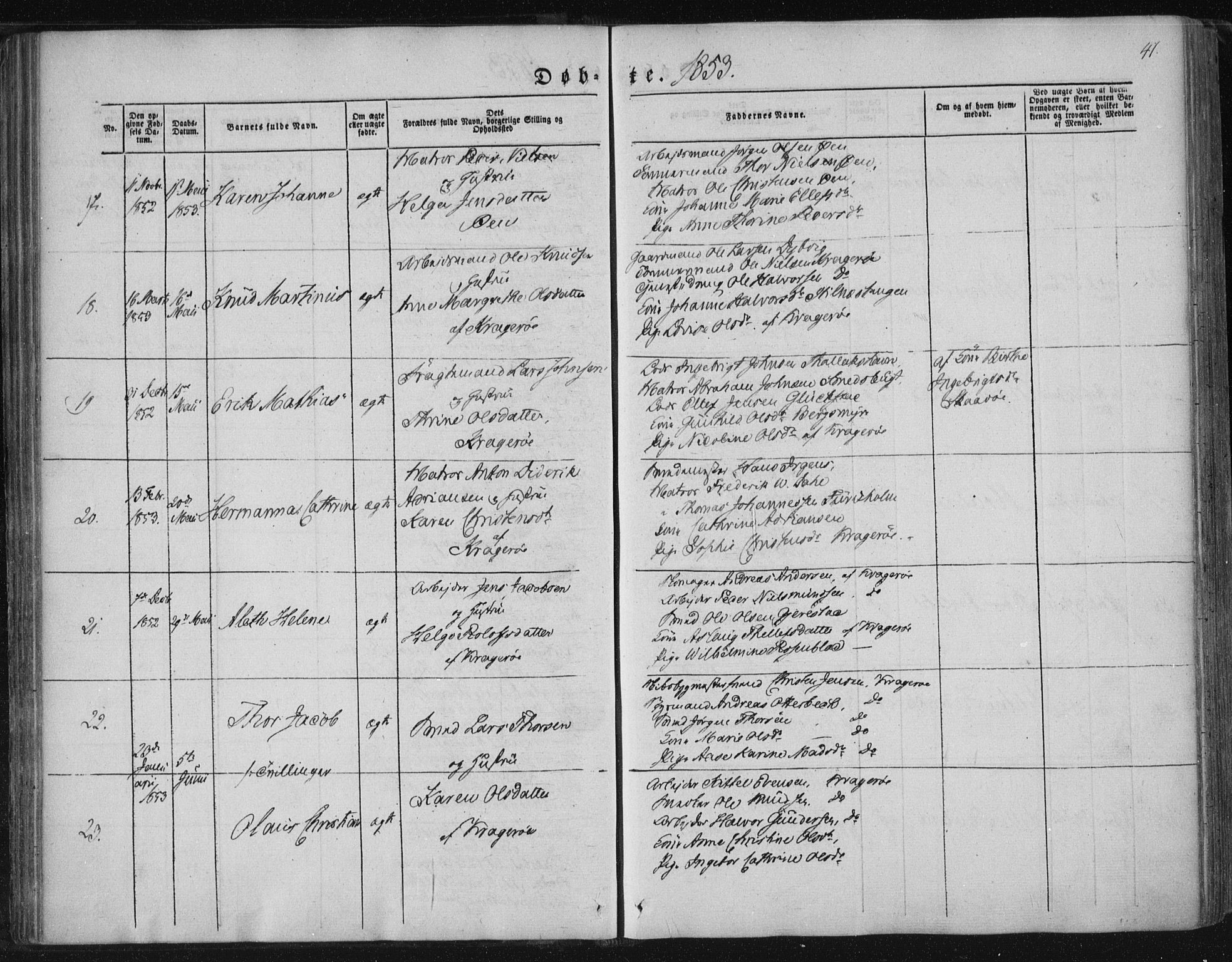 Kragerø kirkebøker, AV/SAKO-A-278/F/Fa/L0006: Parish register (official) no. 6, 1847-1861, p. 41