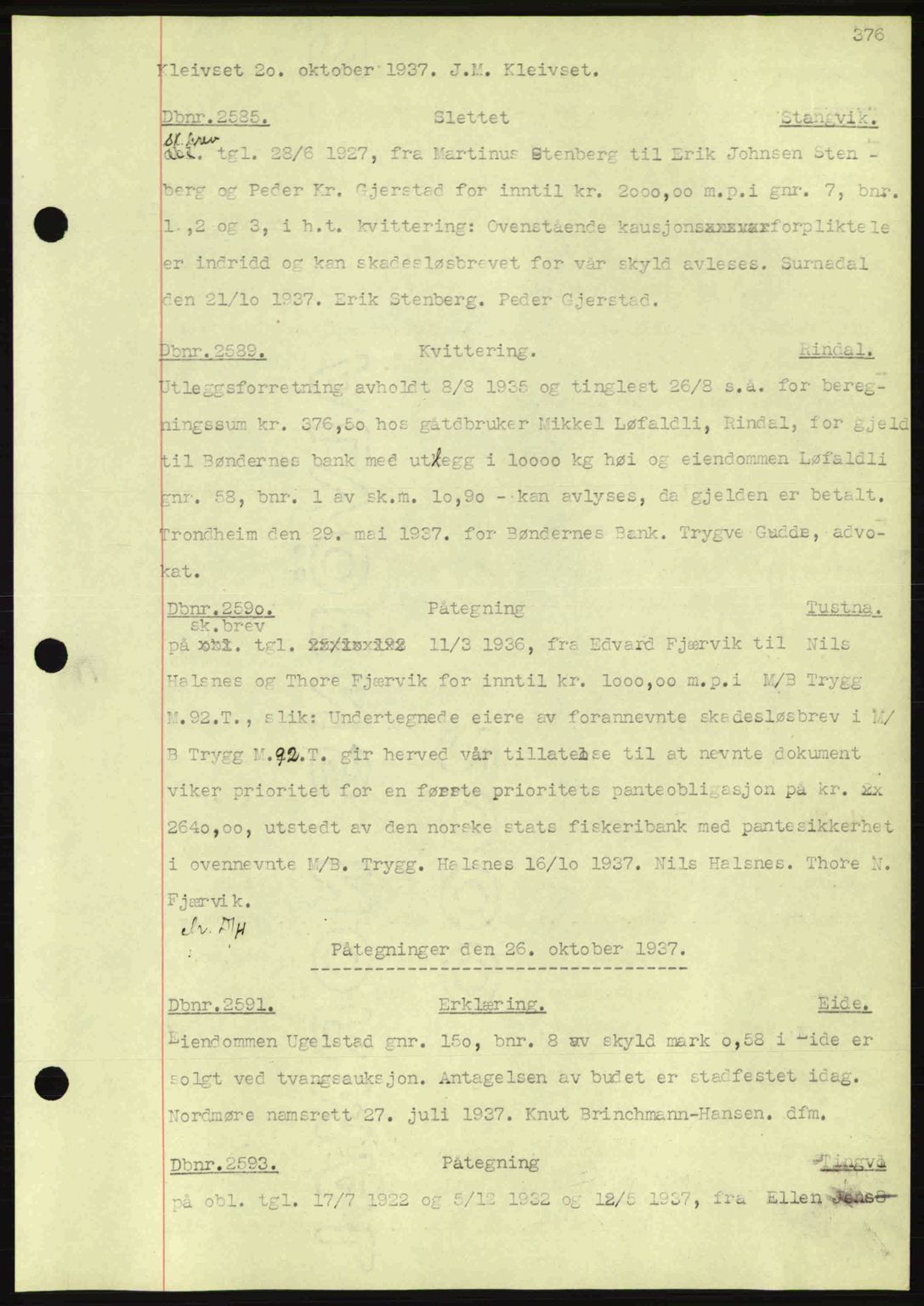 Nordmøre sorenskriveri, AV/SAT-A-4132/1/2/2Ca: Mortgage book no. C80, 1936-1939, Diary no: : 2585/1937