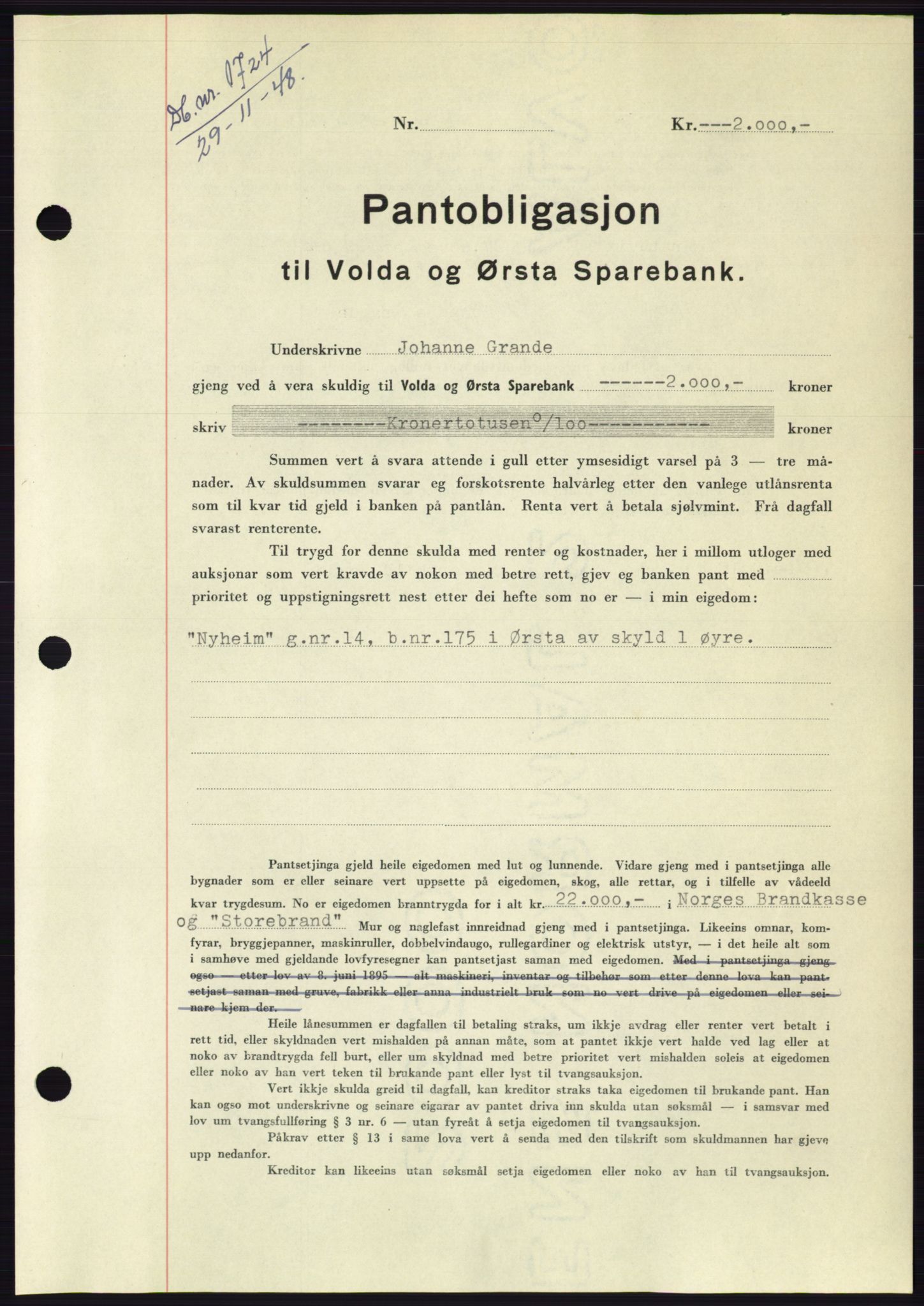 Søre Sunnmøre sorenskriveri, AV/SAT-A-4122/1/2/2C/L0116: Mortgage book no. 4B, 1948-1949, Diary no: : 1724/1948