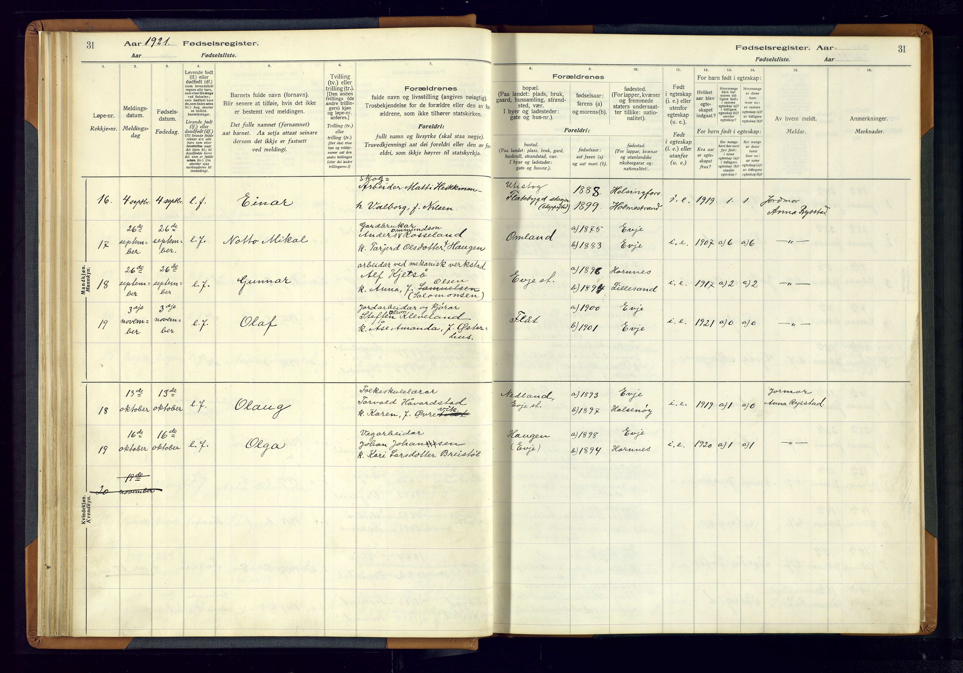 Evje sokneprestkontor, AV/SAK-1111-0008/J/Jc/L0004: Birth register no. 4, 1916-1968, p. 31