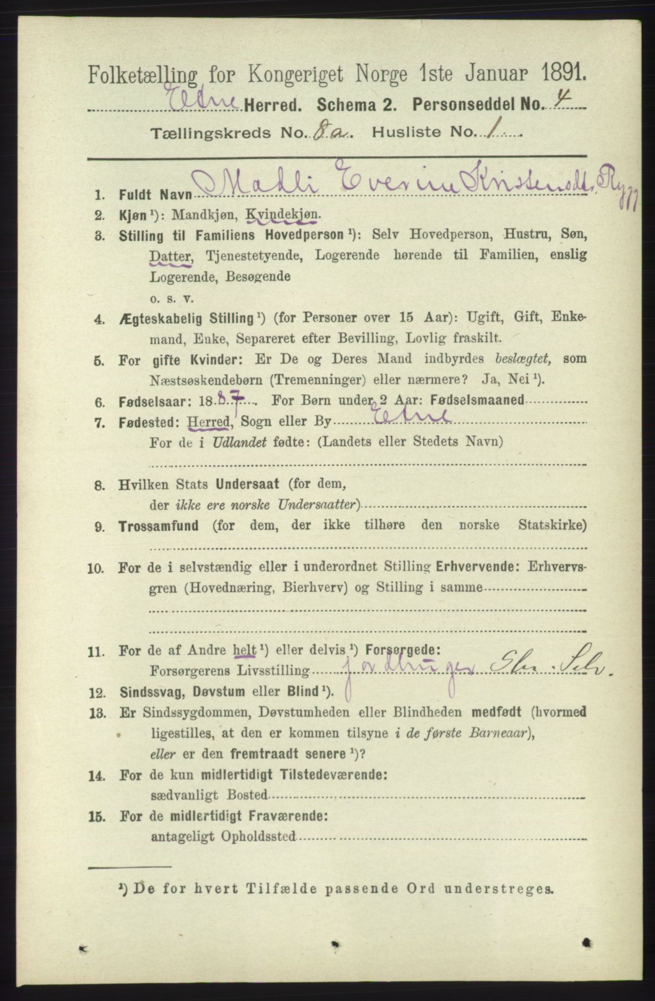 RA, 1891 census for 1211 Etne, 1891, p. 1542