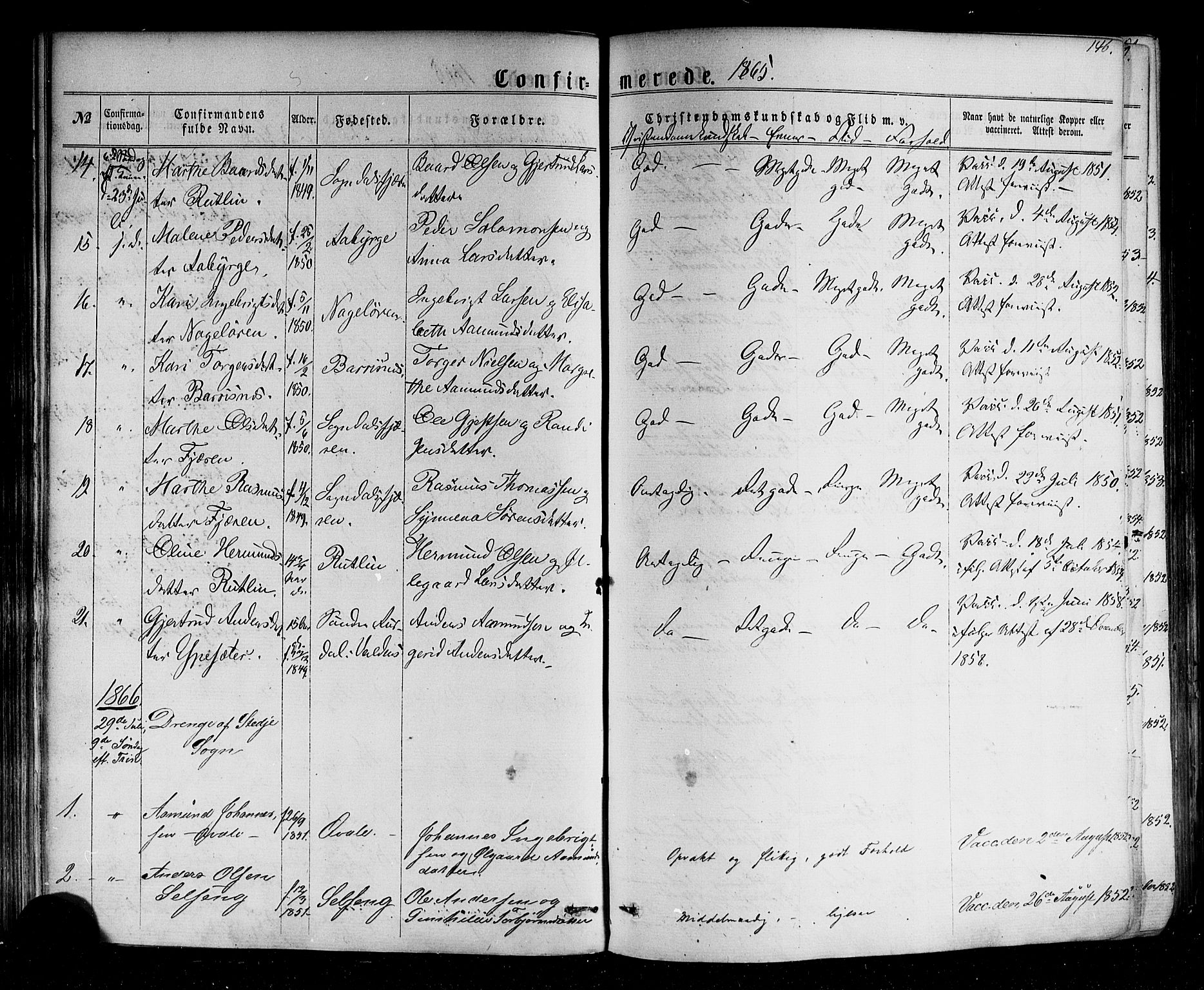 Sogndal sokneprestembete, SAB/A-81301/H/Haa/Haaa/L0013: Parish register (official) no. A 13, 1859-1877, p. 146