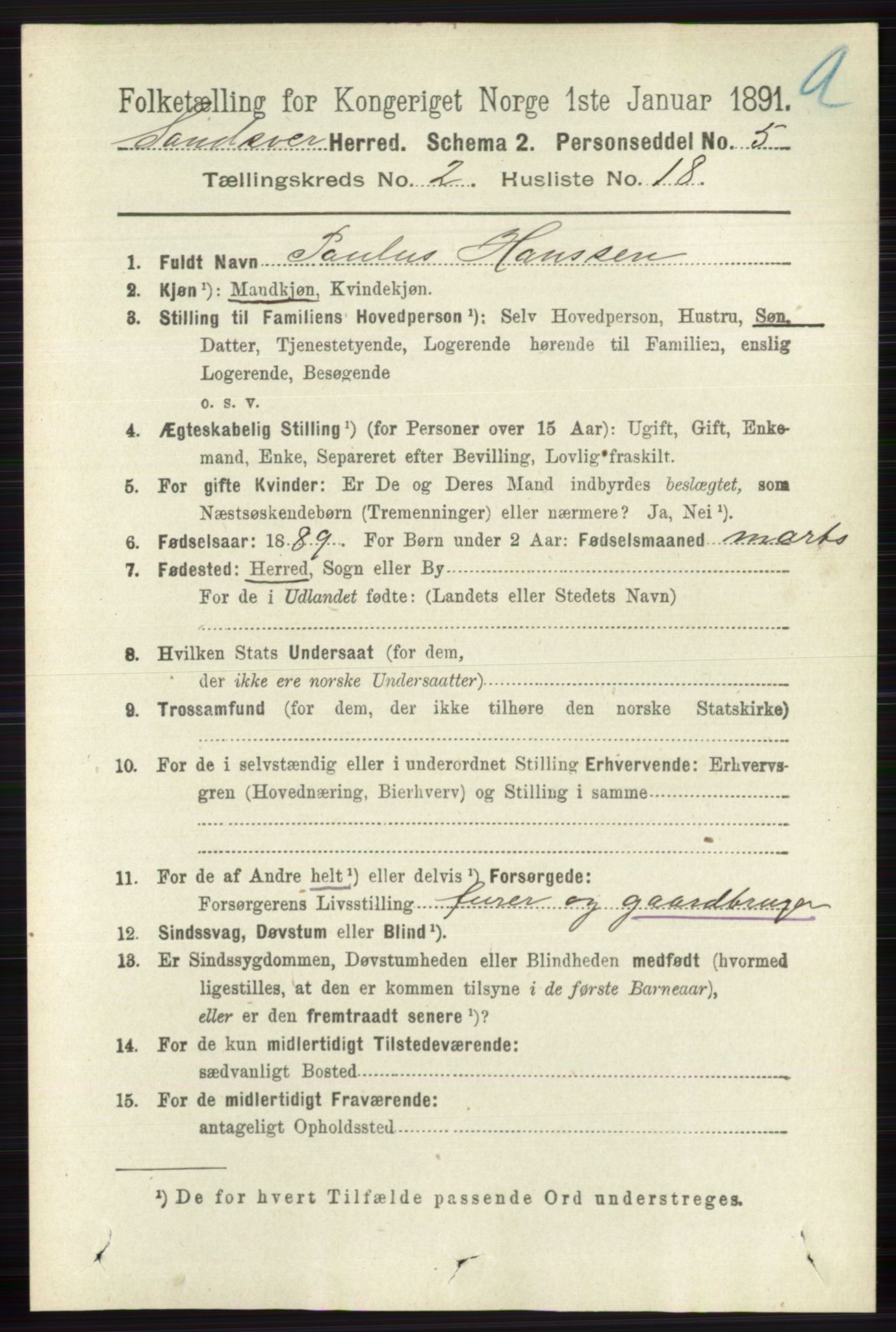 RA, 1891 census for 0629 Sandsvær, 1891, p. 788
