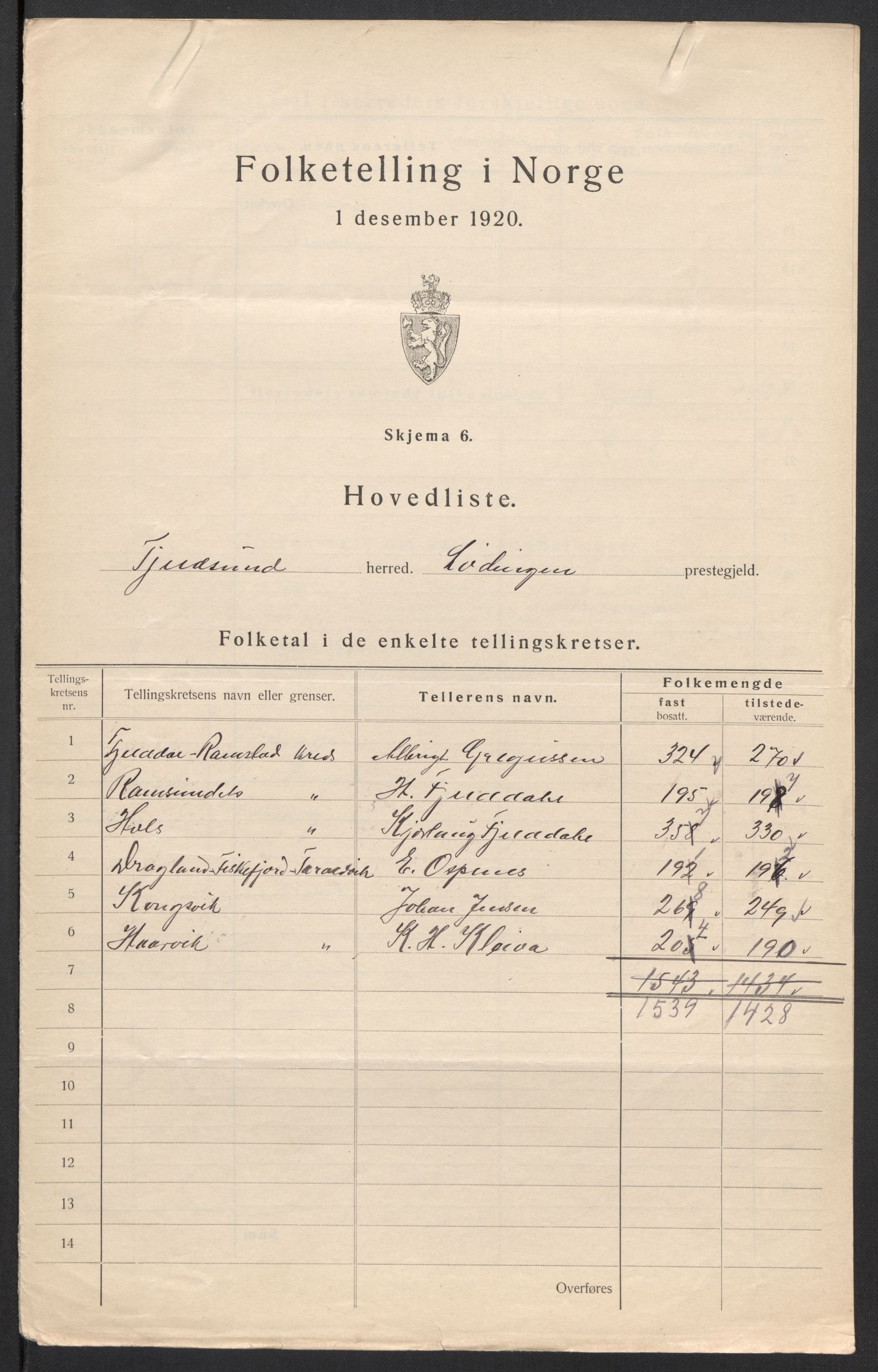 SAT, 1920 census for Tjeldsund, 1920, p. 5