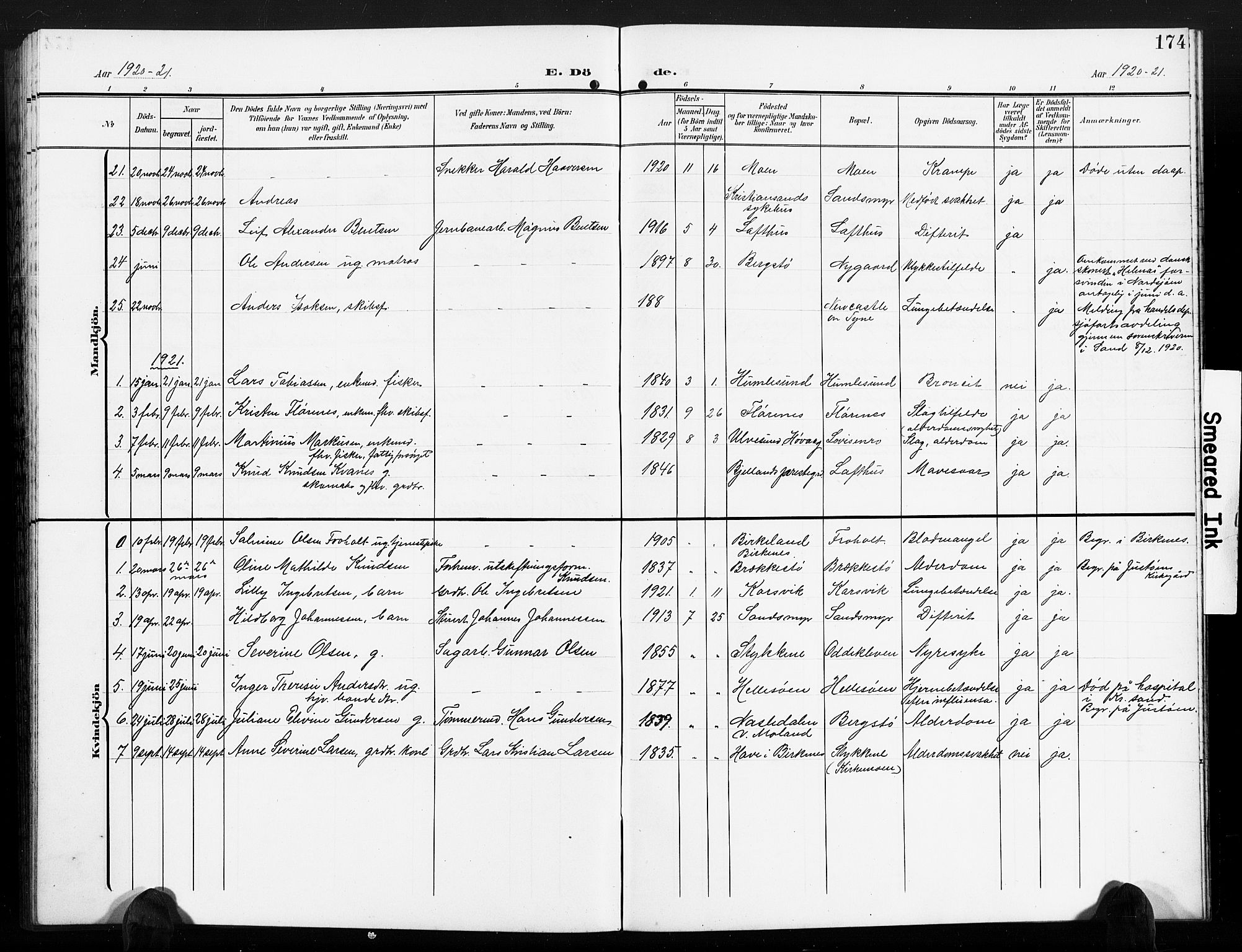 Vestre Moland sokneprestkontor, SAK/1111-0046/F/Fb/Fbb/L0007: Parish register (copy) no. B 7, 1906-1929, p. 174