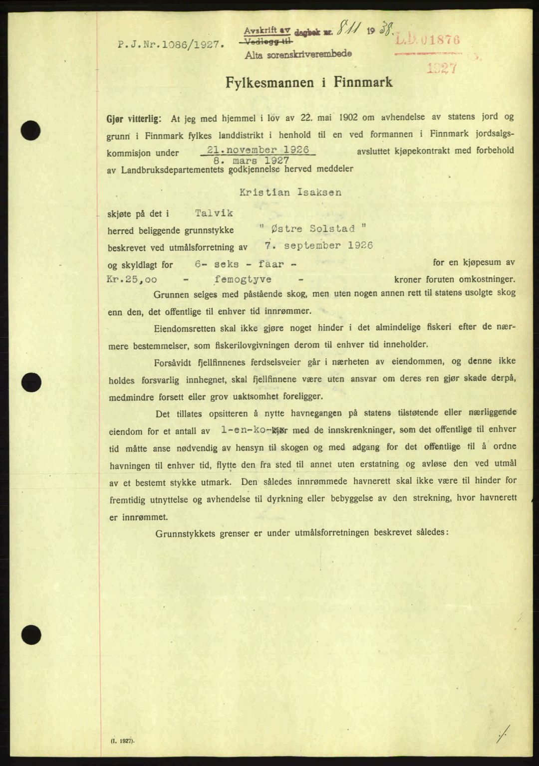 Alta fogderi/sorenskriveri, SATØ/SATØ-5/1/K/Kd/L0031pantebok: Mortgage book no. 31, 1938-1939, Diary no: : 811/1938