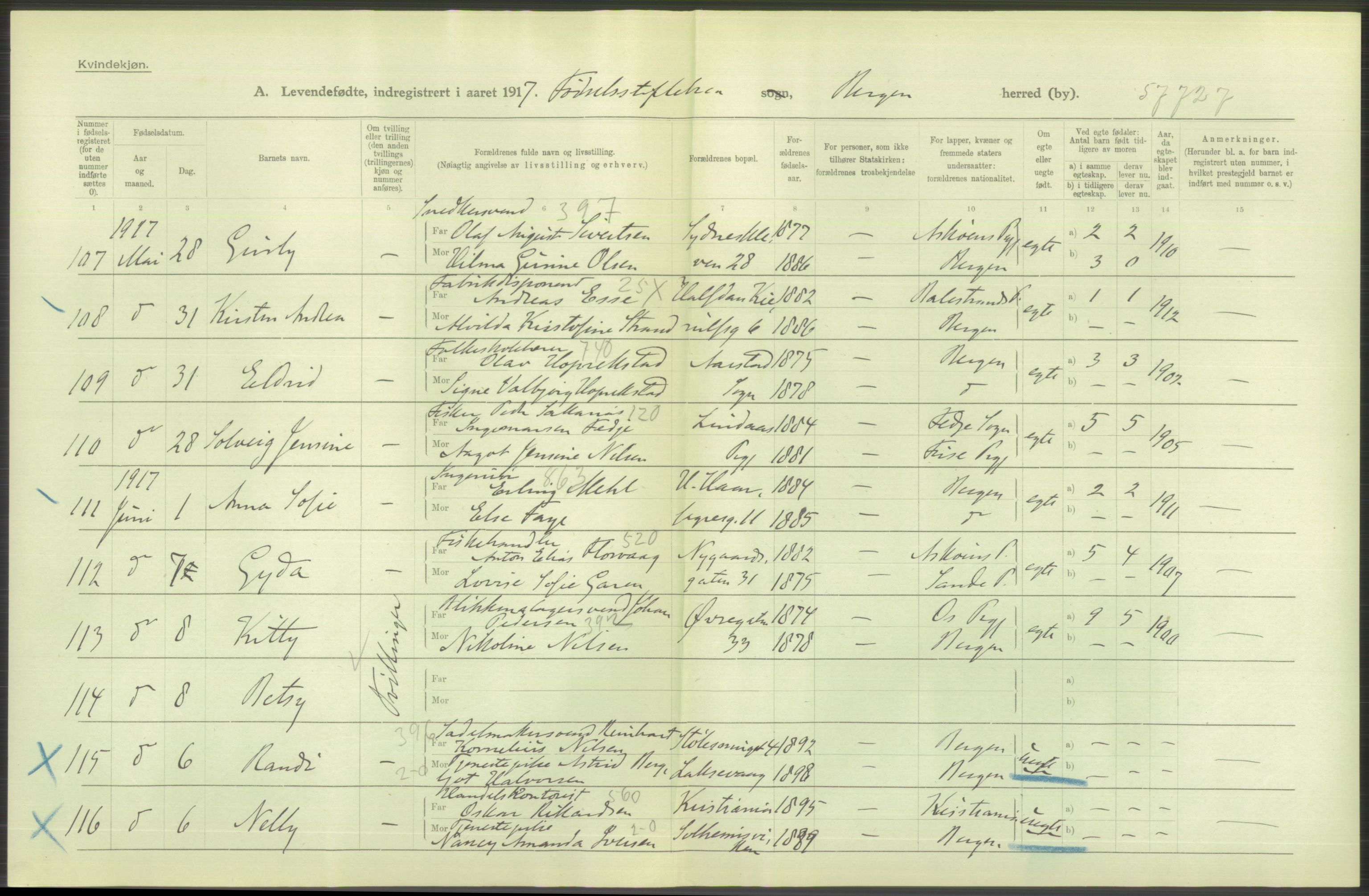 Statistisk sentralbyrå, Sosiodemografiske emner, Befolkning, AV/RA-S-2228/D/Df/Dfb/Dfbg/L0037: Bergen: Levendefødte menn og kvinner., 1917, p. 90