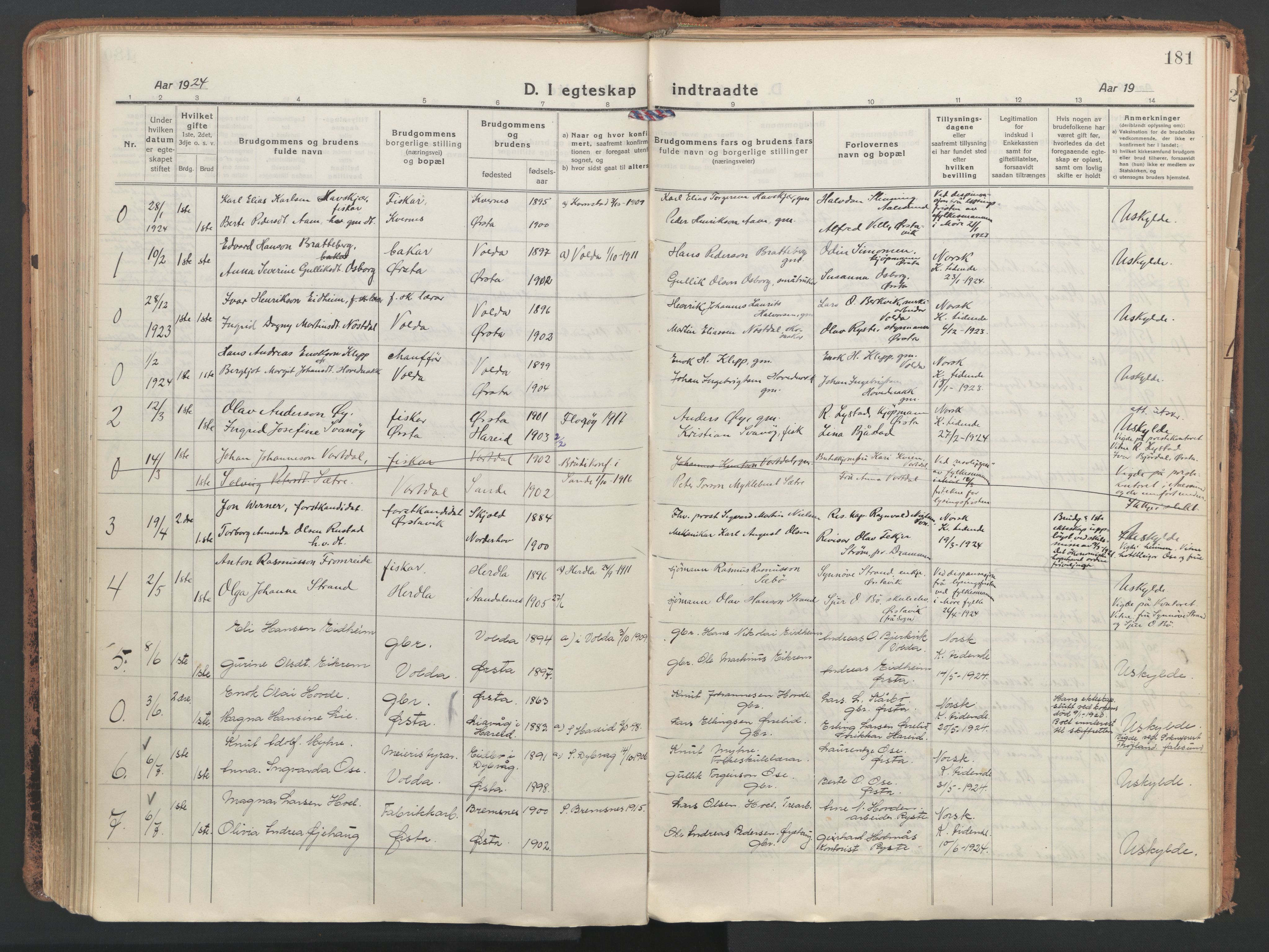 Ministerialprotokoller, klokkerbøker og fødselsregistre - Møre og Romsdal, AV/SAT-A-1454/513/L0180: Parish register (official) no. 513A07, 1919-1929, p. 181