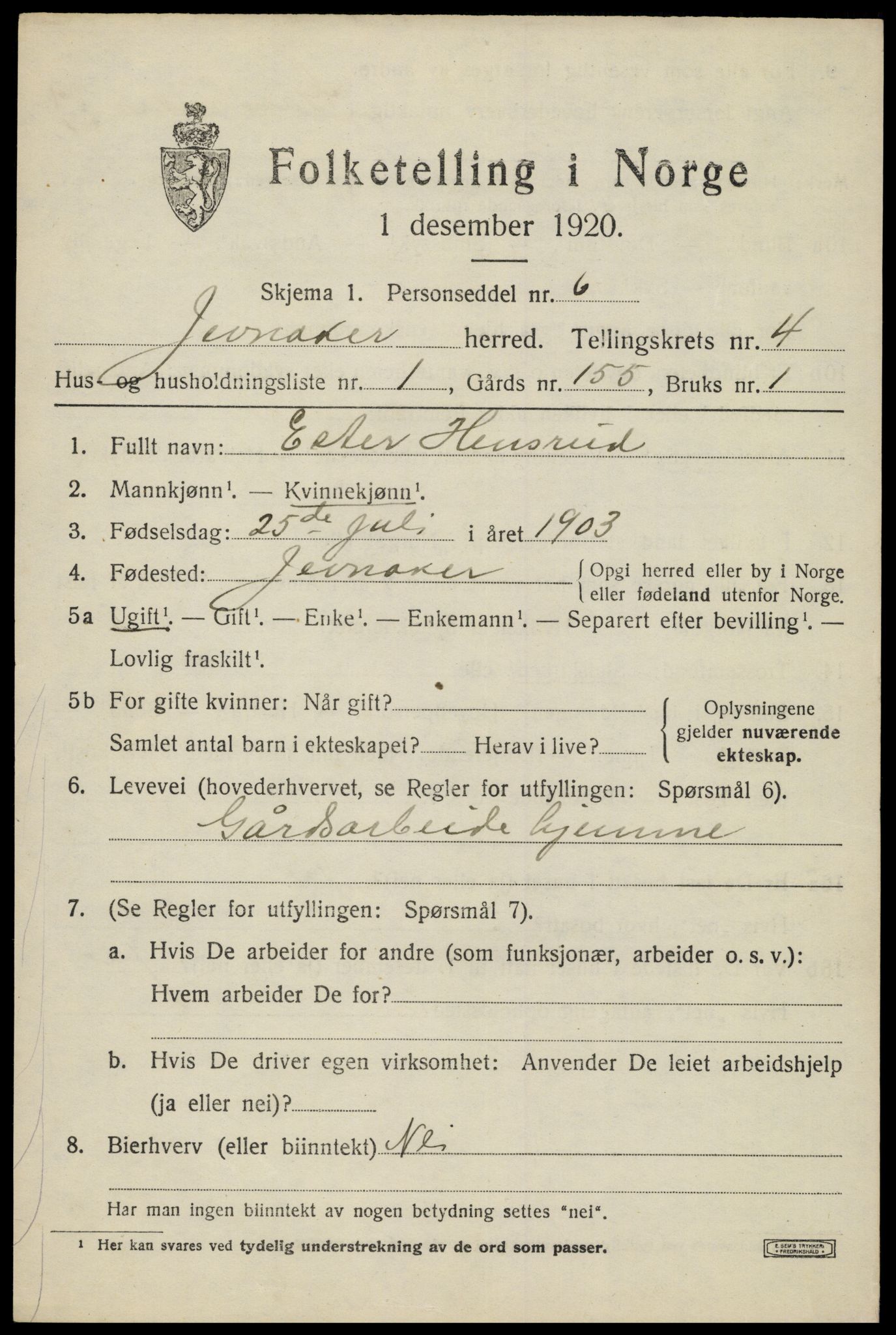 SAH, 1920 census for Jevnaker, 1920, p. 6397