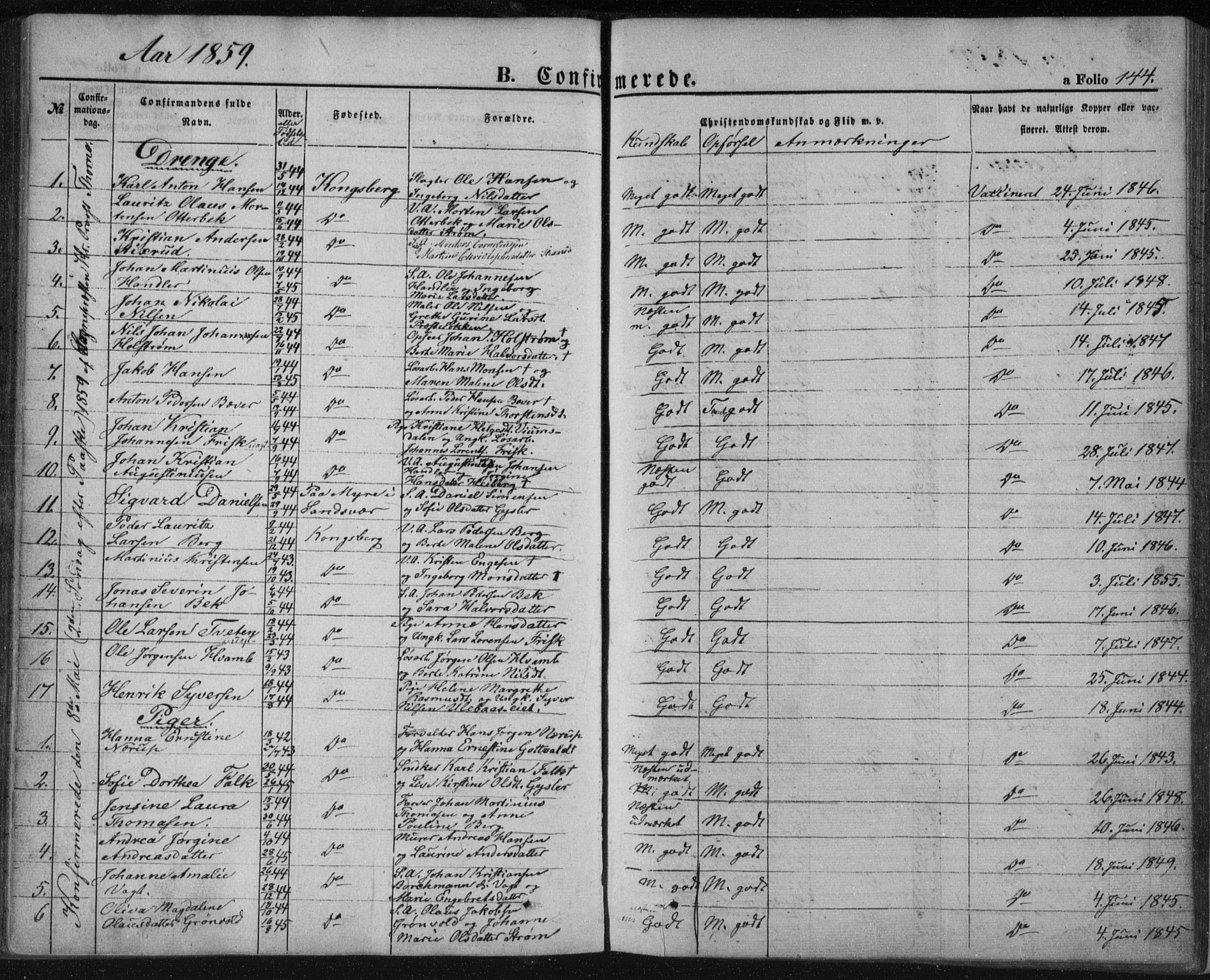 Kongsberg kirkebøker, SAKO/A-22/F/Fa/L0010: Parish register (official) no. I 10, 1859-1875, p. 144
