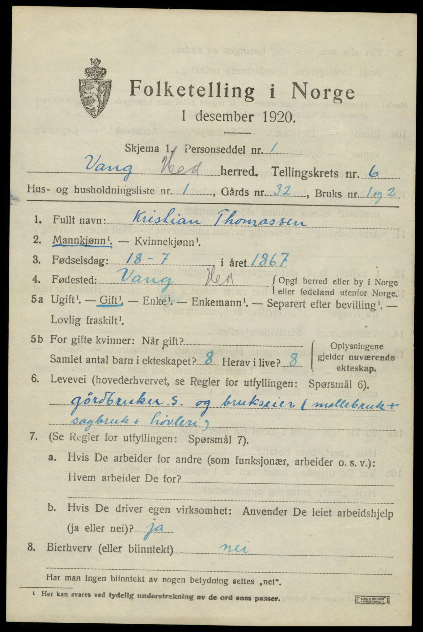 SAH, 1920 census for Vang (Hedmark), 1920, p. 15039