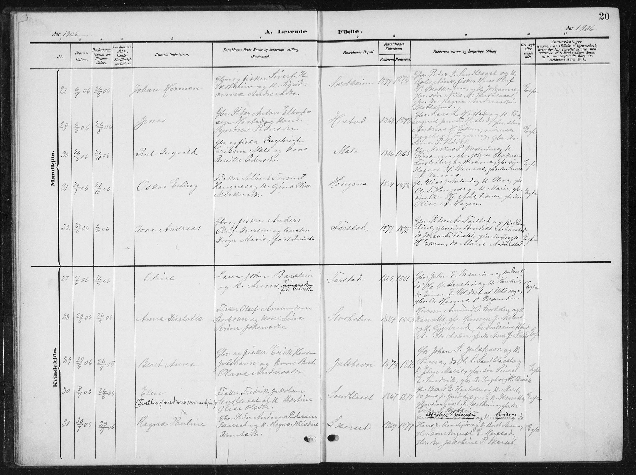 Ministerialprotokoller, klokkerbøker og fødselsregistre - Møre og Romsdal, AV/SAT-A-1454/567/L0784: Parish register (copy) no. 567C04, 1903-1938, p. 20